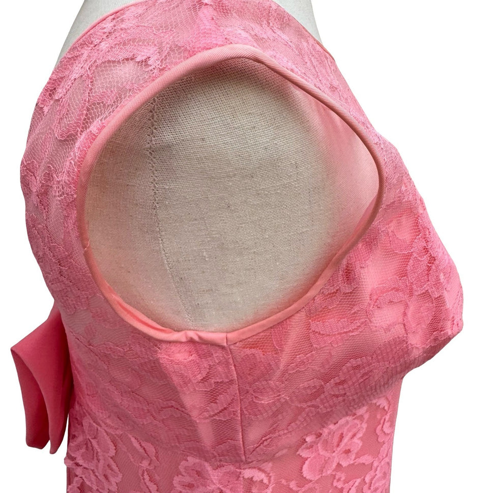 Vintage Pink Floral Lace Maxi Dress Low Back Bow Chiffon Pleated Gown Sleeveless