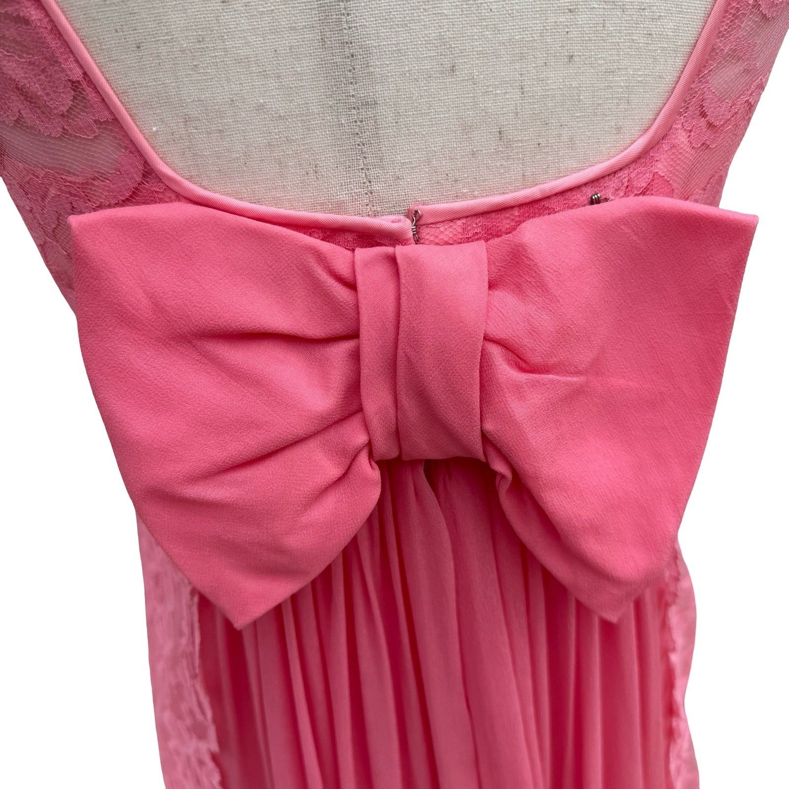 Vintage Pink Floral Lace Maxi Dress Low Back Bow Chiffon Pleated Gown Sleeveless