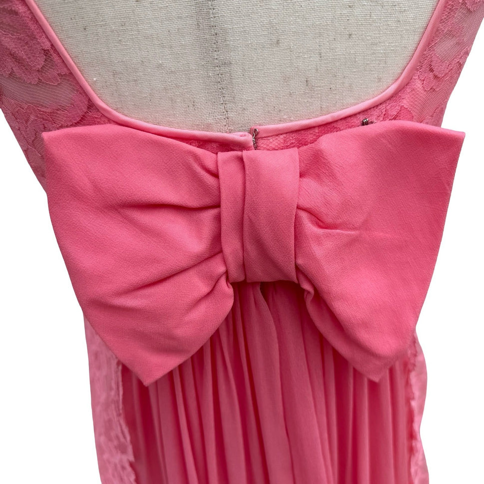 Vintage Pink Floral Lace Maxi Dress Low Back Bow Chiffon Pleated Gown Sleeveless