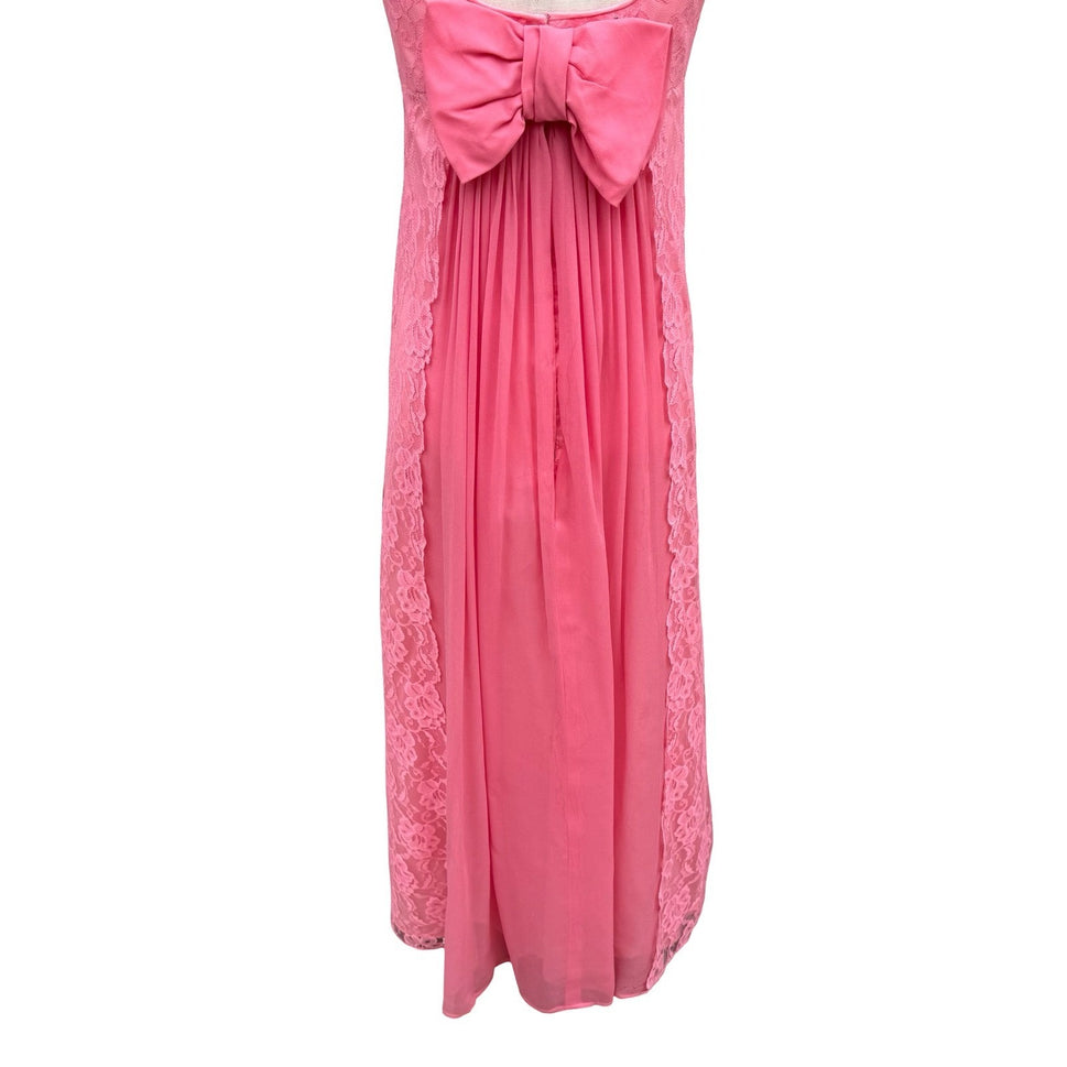 Vintage Pink Floral Lace Maxi Dress Low Back Bow Chiffon Pleated Gown Sleeveless