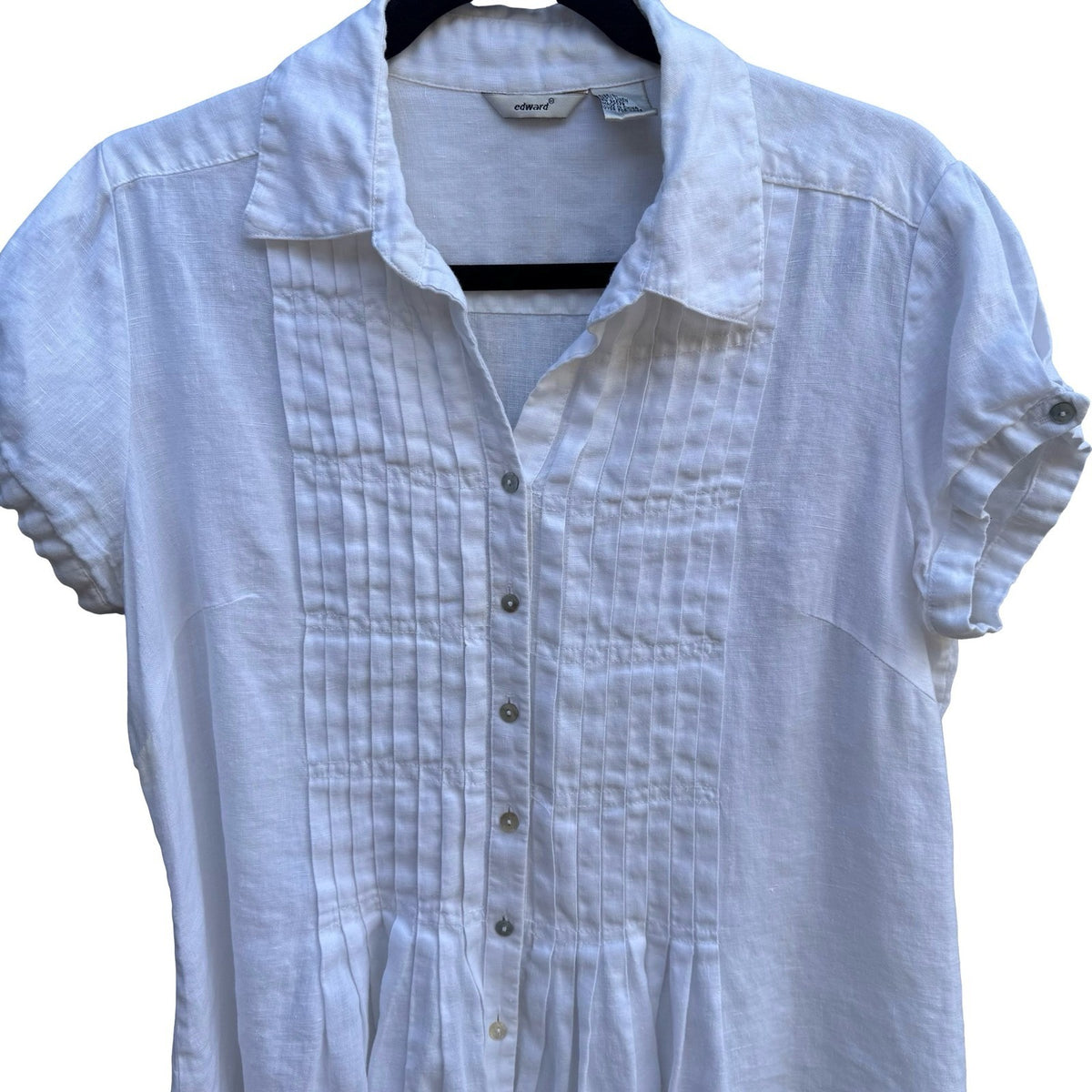 Edward Coastal Minimalist Pintuck Pleated Linen Button Up Shirt White Womens L