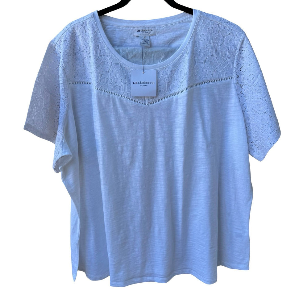Liz Claiborne Cottagecore Feminine Lace Yoke Slub Knit Boho Top White 3X NWT