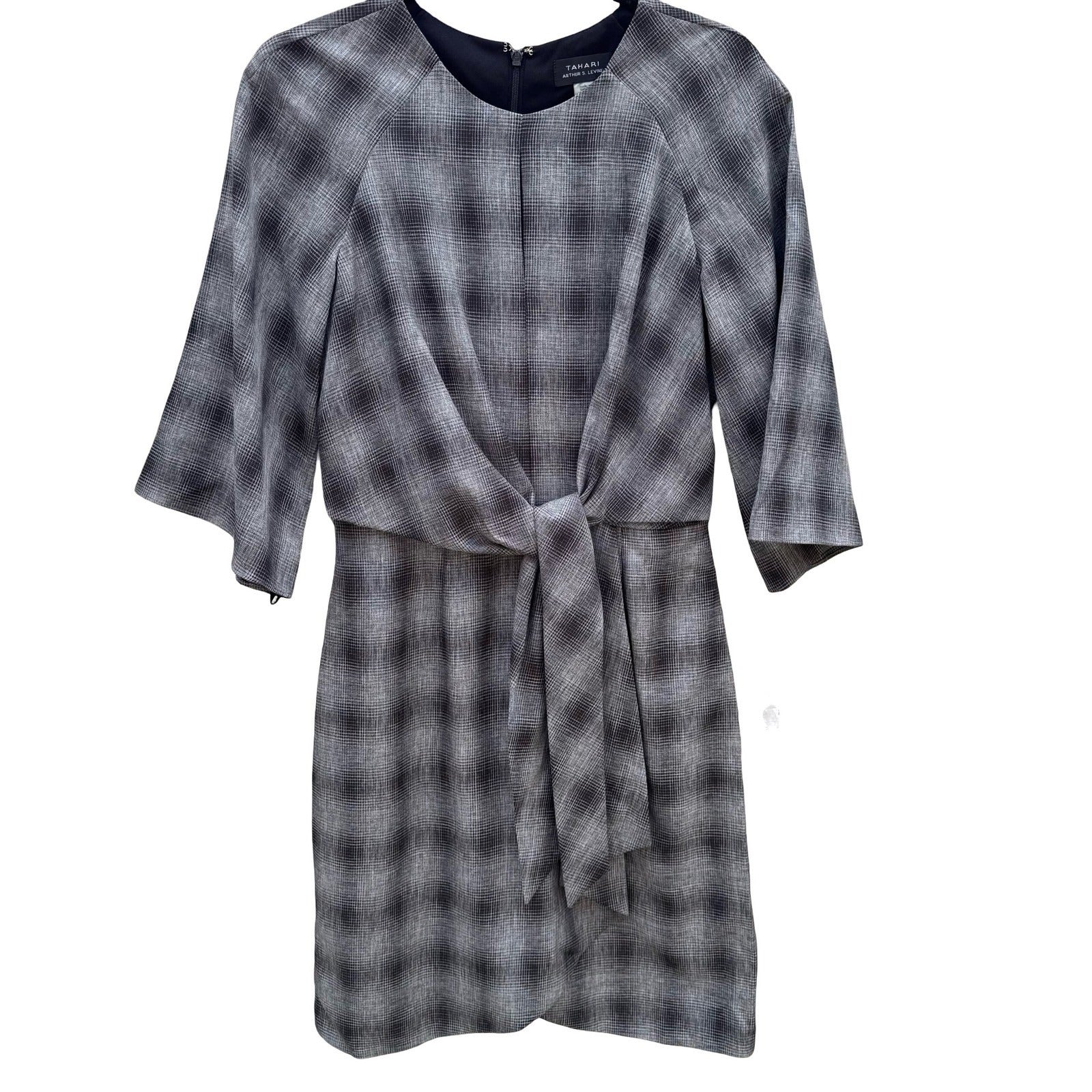 Tahari Arthur S. Levine Womens 4 Plaid Tie Waist Bell Sleeve Sheath Dress NEW