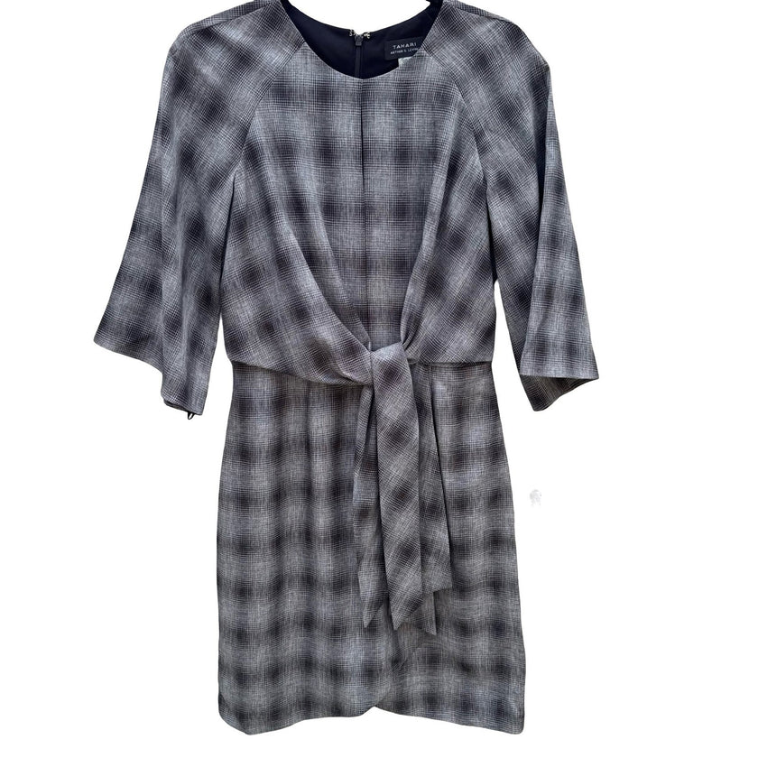 Tahari Arthur S. Levine Womens 4 Plaid Tie Waist Bell Sleeve Sheath Dress NEW