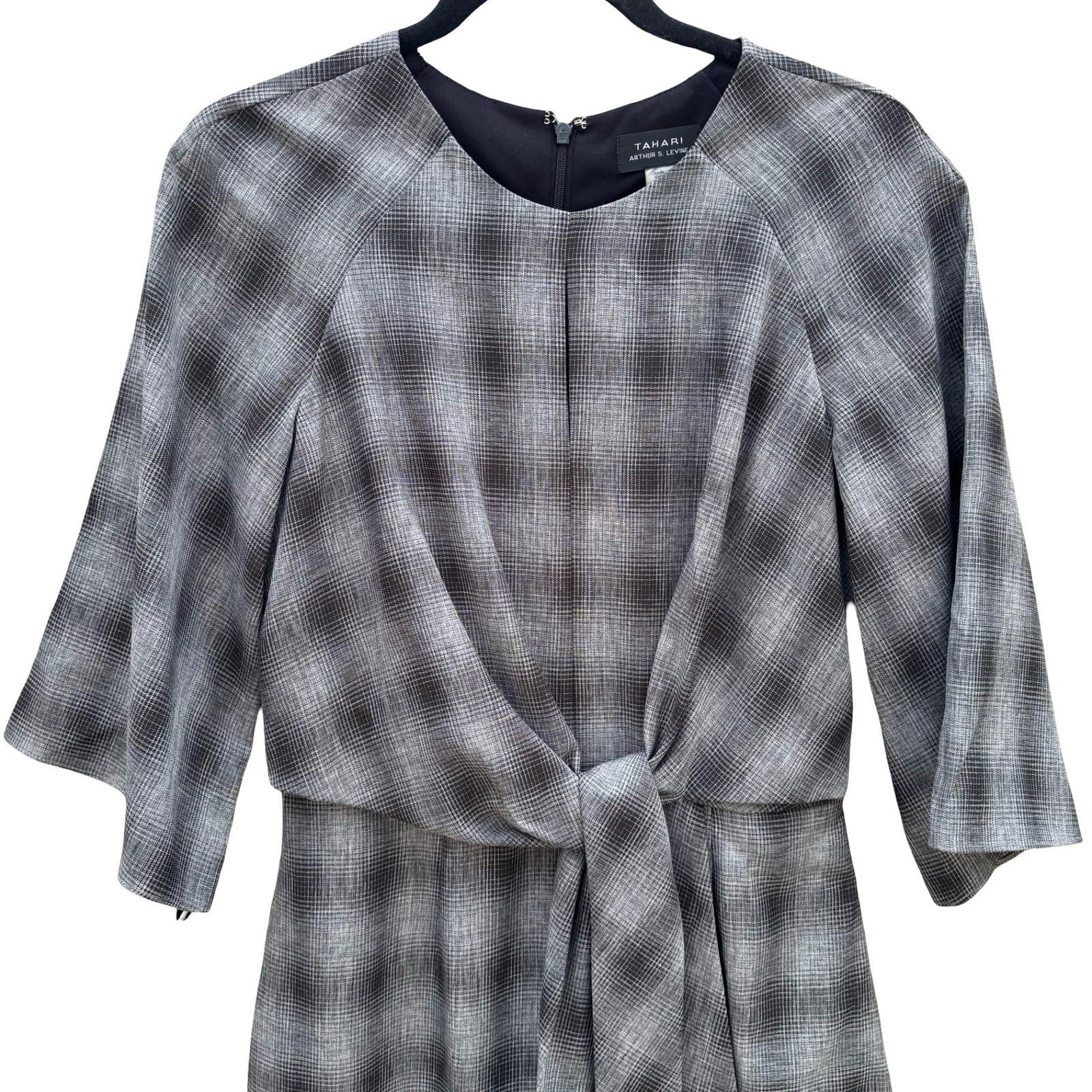 Tahari Arthur S. Levine Womens 4 Plaid Tie Waist Bell Sleeve Sheath Dress NEW