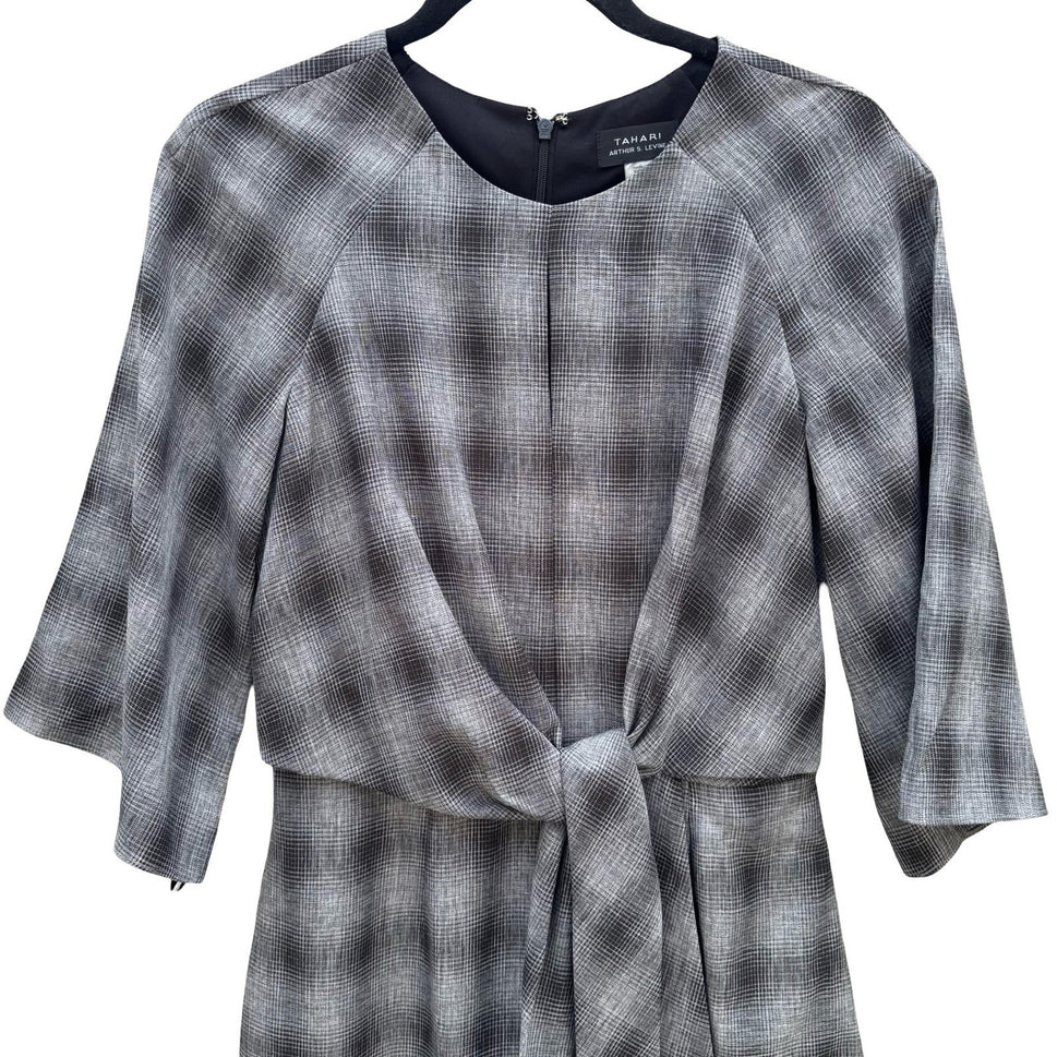 Tahari Arthur S. Levine Womens 4 Plaid Tie Waist Bell Sleeve Sheath Dress NEW