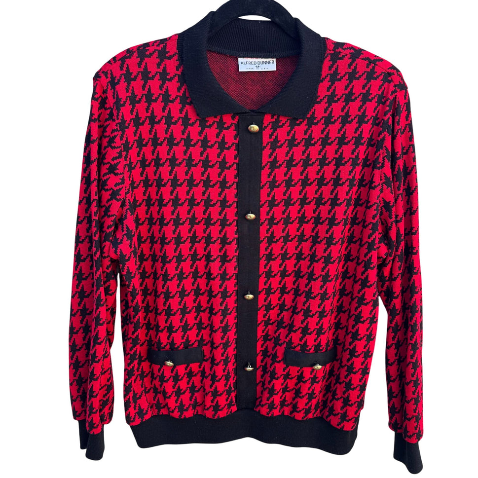 Alfred Dunner Vintage Houndstooth Preppy Polo Collar Knit Sweater Long Sleeve M