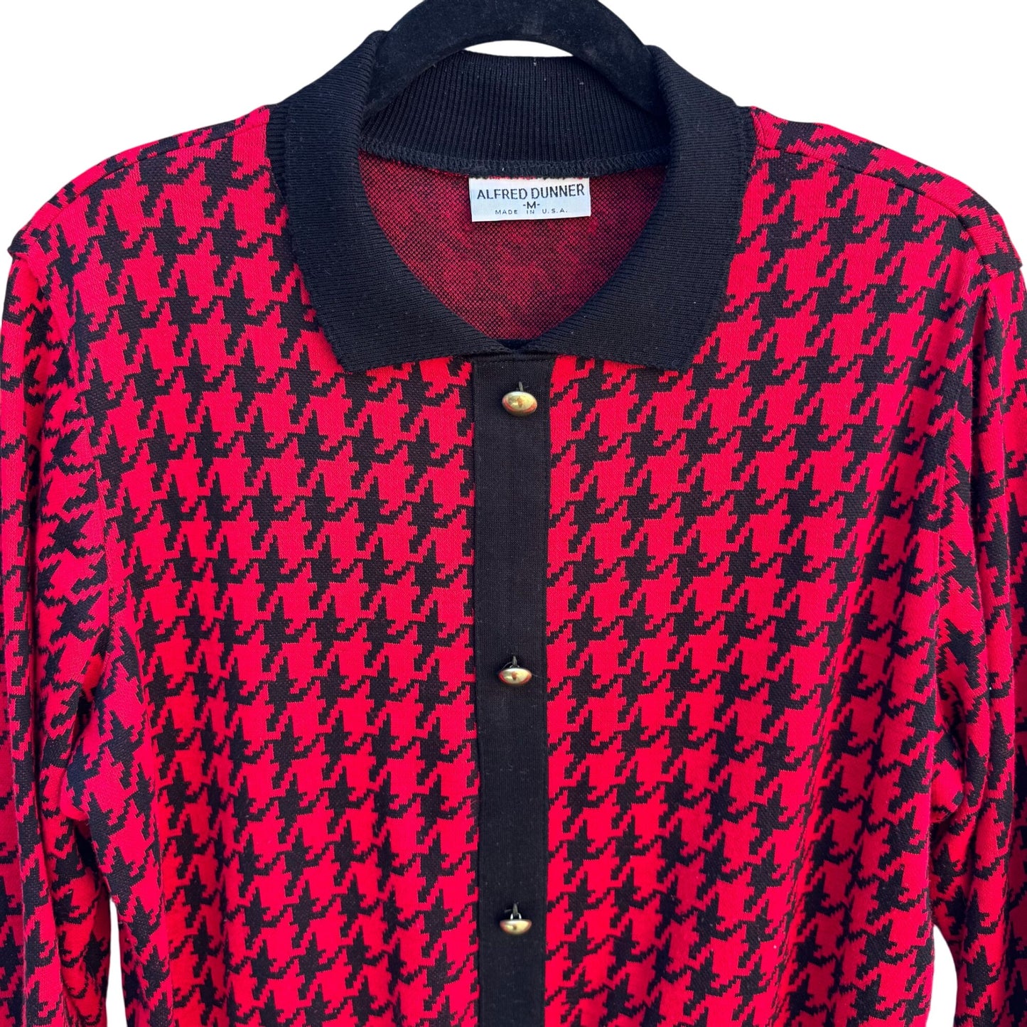 Alfred Dunner Vintage Houndstooth Preppy Polo Collar Knit Sweater Long Sleeve M