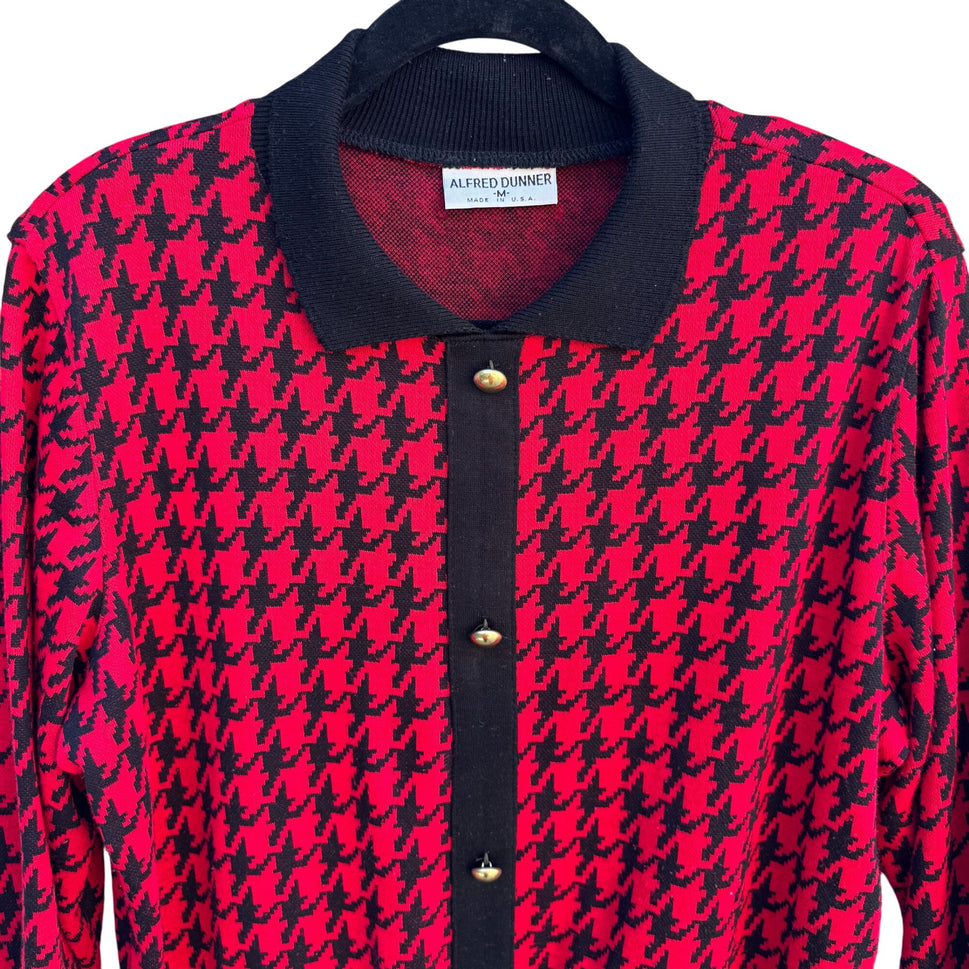 Alfred Dunner Vintage Houndstooth Preppy Polo Collar Knit Sweater Long Sleeve M