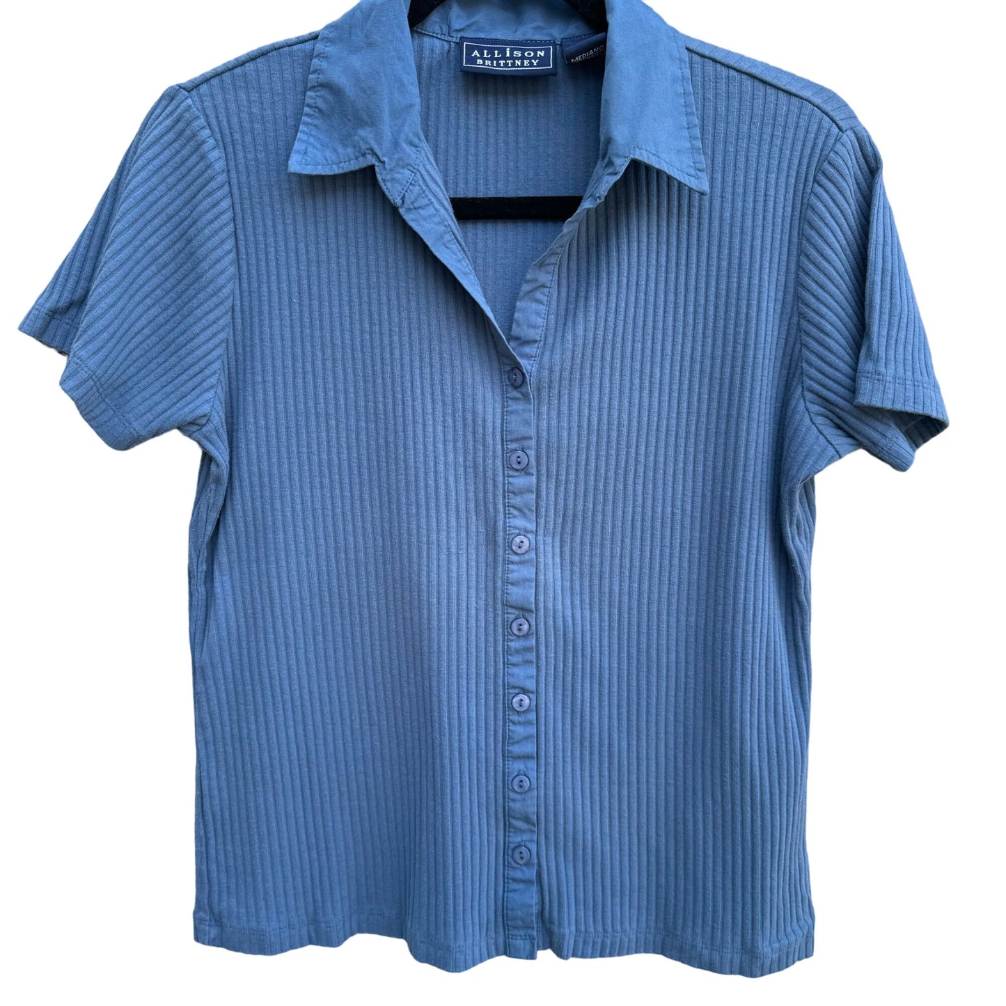 Allison Brittney Womens Blue V Neck Camp Collar Ribbed Button-Up Shirt Medium