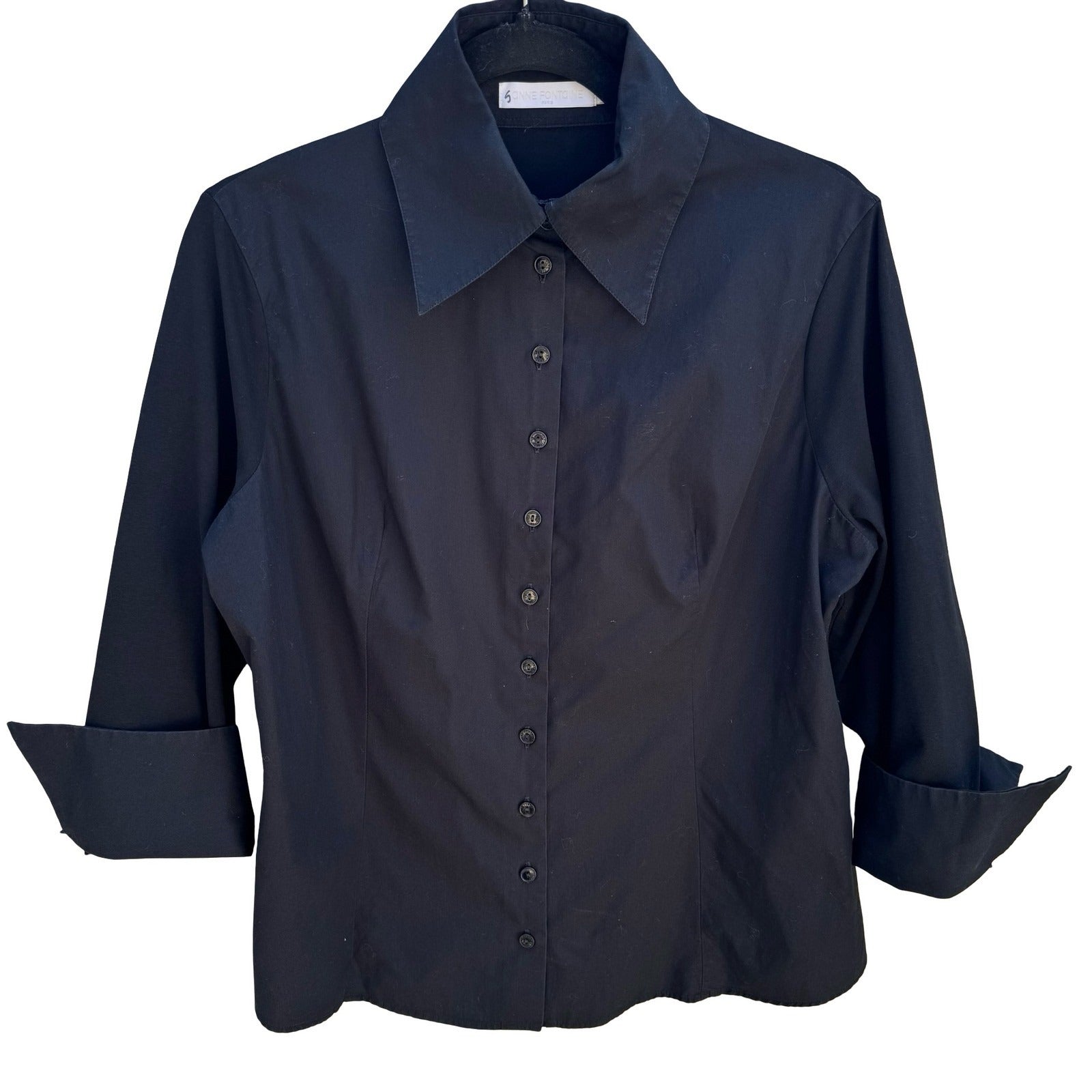 Anne Fontaine Paris Connie Black French Pima Cotton 3/4 Sleeve Minimalist Shirt