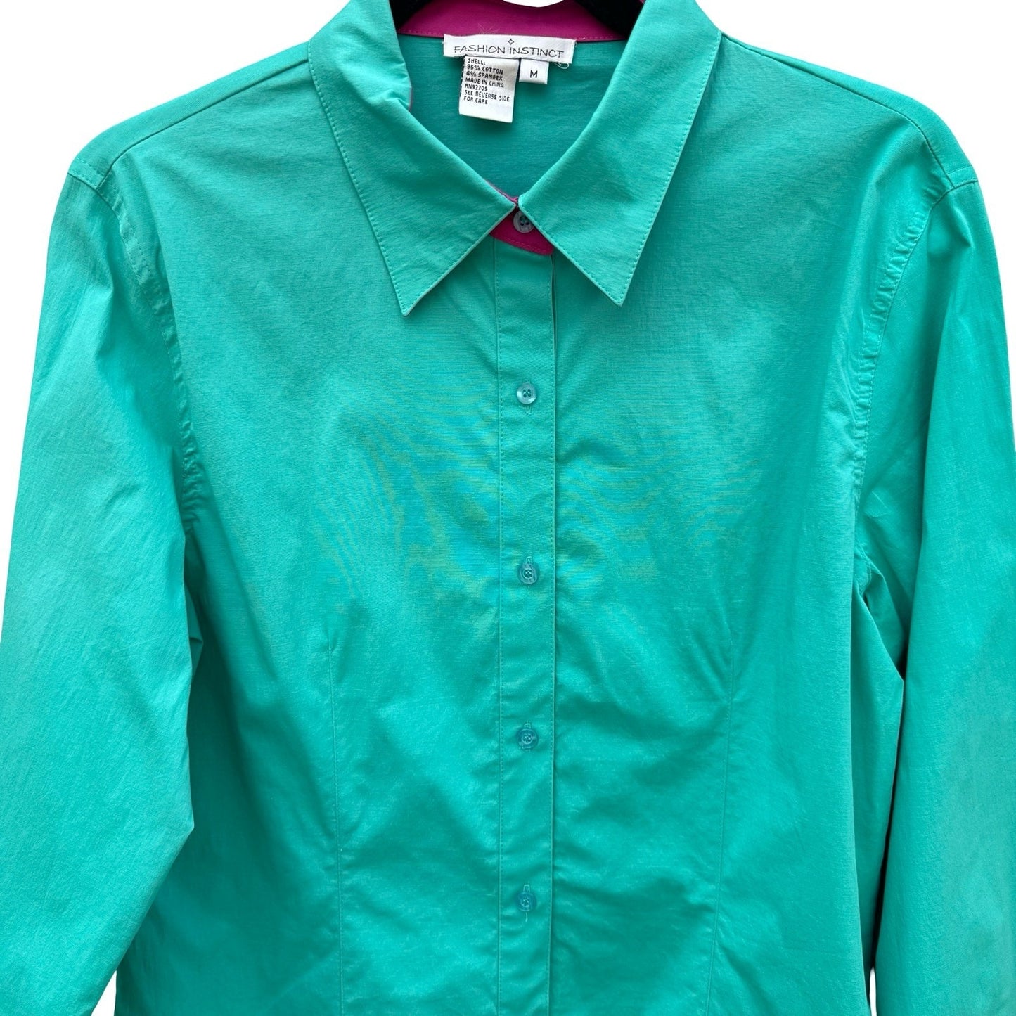 Fashion Instinct Teal Green Button Down Shirt Magenta Trim Womens Medium NWT
