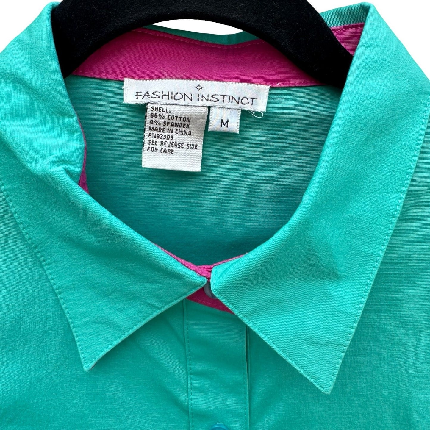 Fashion Instinct Teal Green Button Down Shirt Magenta Trim Womens Medium NWT