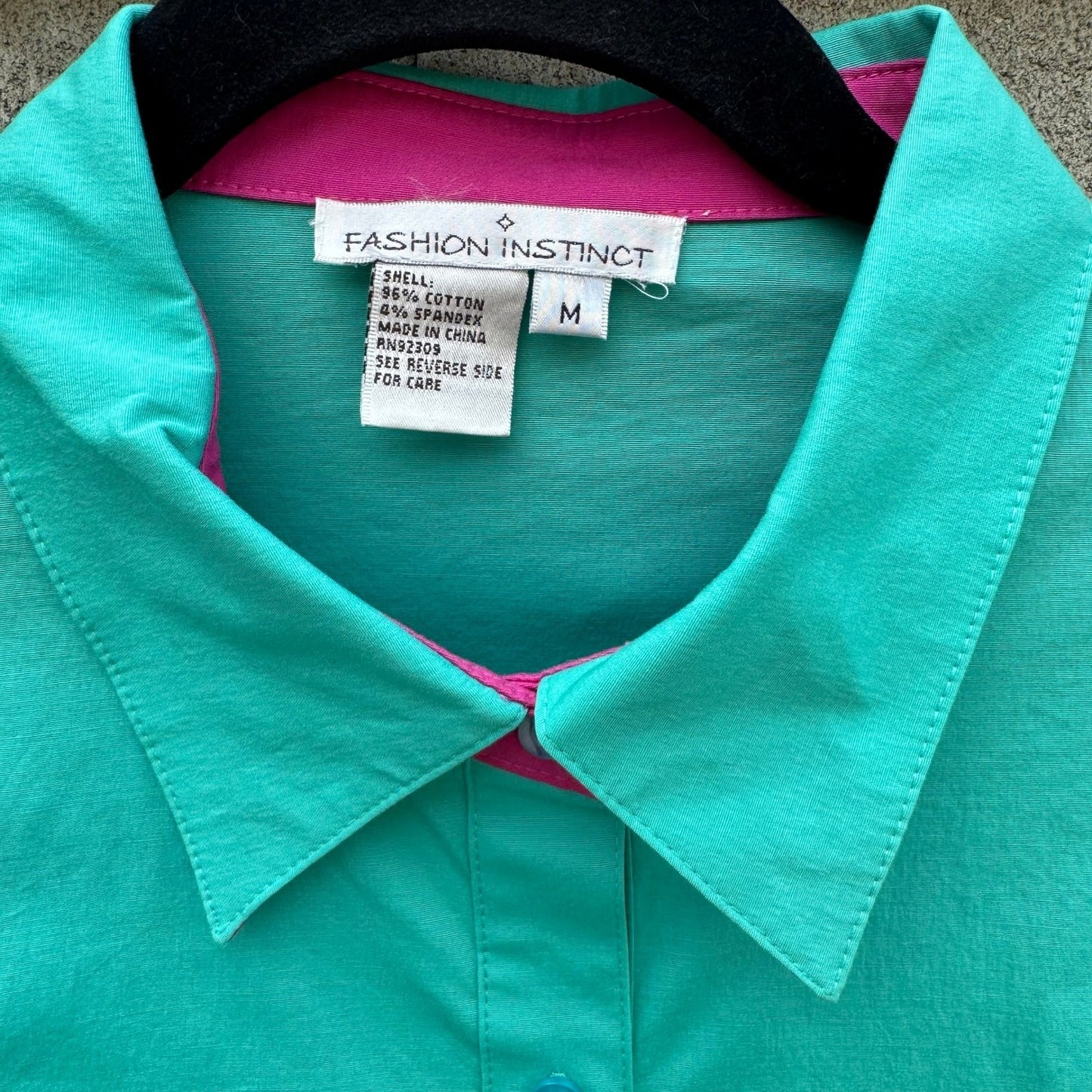 Fashion Instinct Teal Green Button Down Shirt Magenta Trim Womens Medium NWT