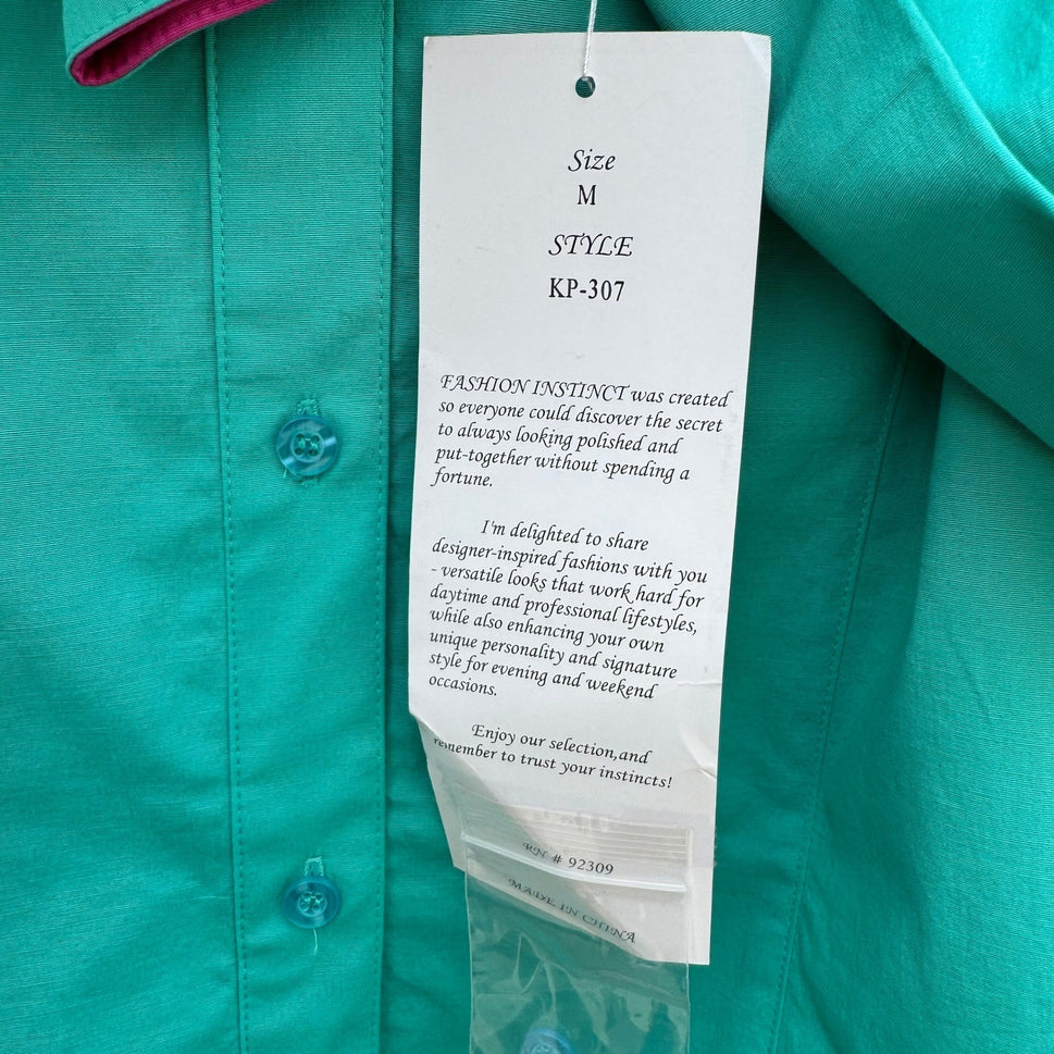 Fashion Instinct Teal Green Button Down Shirt Magenta Trim Womens Medium NWT