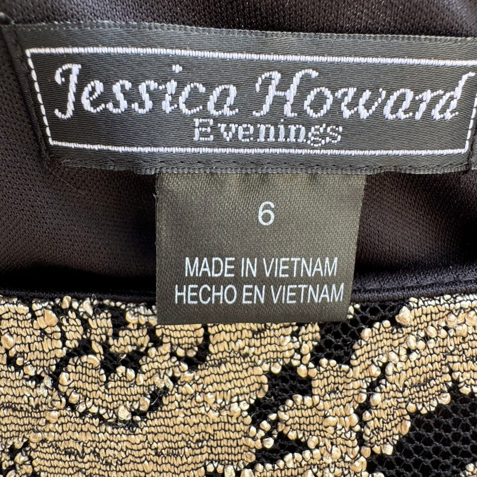 Jessica Howard Evenings Vintage Black Gold Metallic Lace Sheath Dress Womens 6