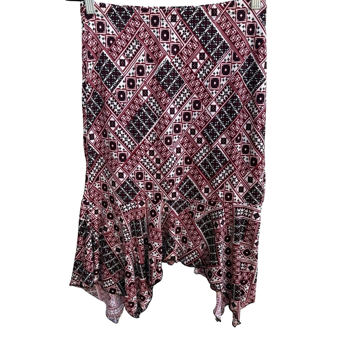 Vol. 1 Y2K Boho Indie Geometric Handkerchief Hem Festival Skirt Burgundy Black S