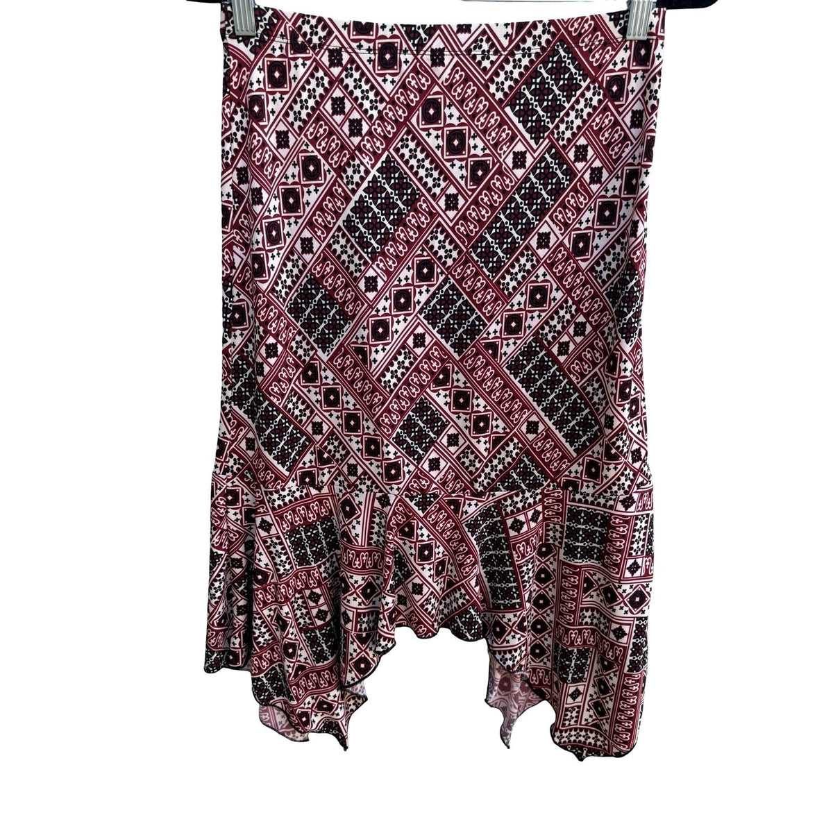 Vol. 1 Y2K Boho Indie Geometric Handkerchief Hem Festival Skirt Burgundy Black S