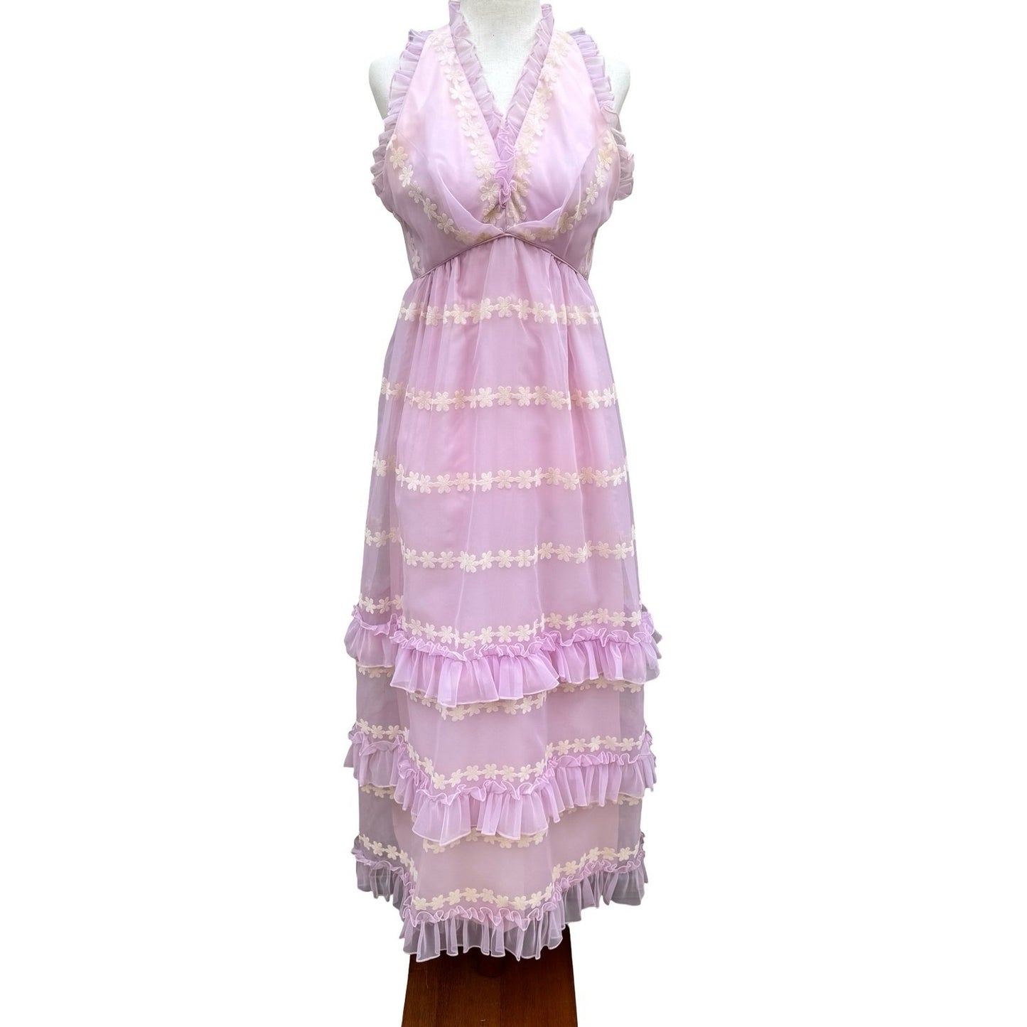 Emma Domb Vintage 70s Pink Chiffon Floral Embroidered Ruffle Halter Maxi Dress