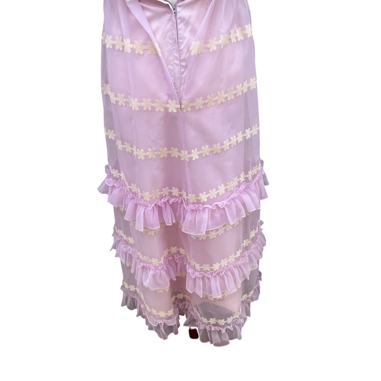 Emma Domb Vintage 70s Pink Chiffon Floral Embroidered Ruffle Halter Maxi Dress