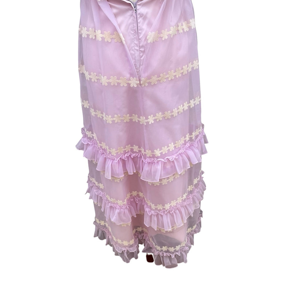 Emma Domb Vintage 70s Pink Chiffon Floral Embroidered Ruffle Halter Maxi Dress