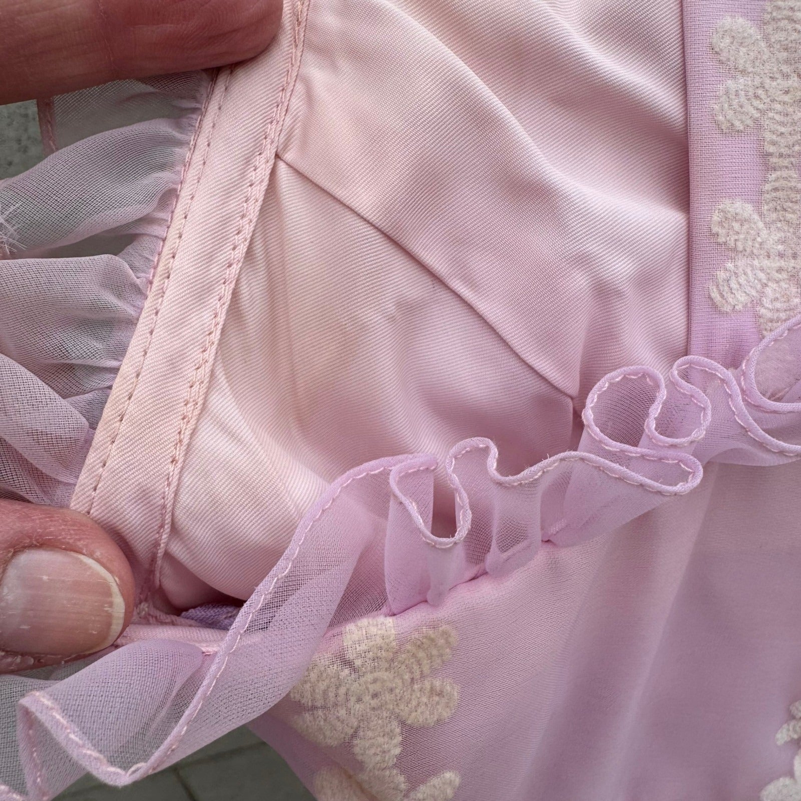 Emma Domb Vintage 70s Pink Chiffon Floral Embroidered Ruffle Halter Maxi Dress