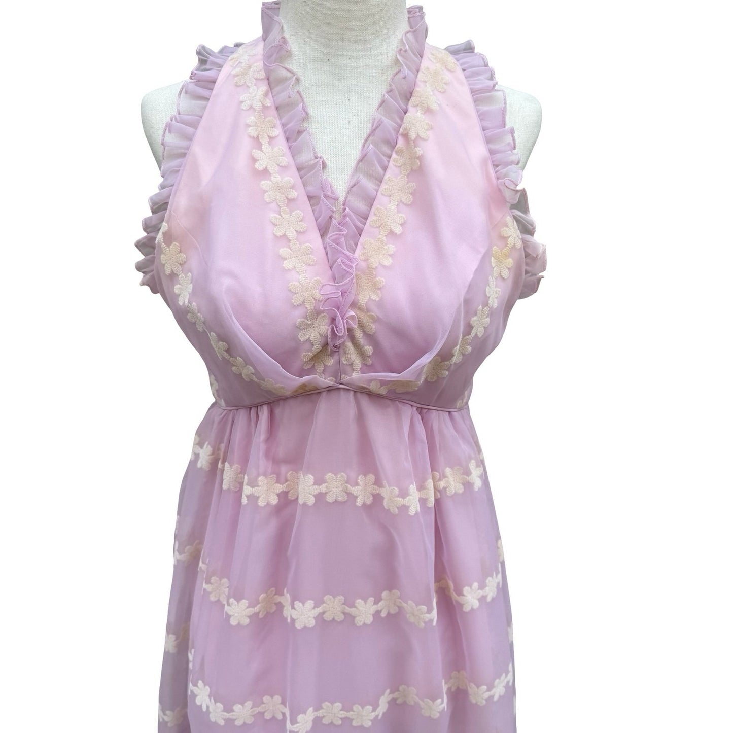 Emma Domb Vintage 70s Pink Chiffon Floral Embroidered Ruffle Halter Maxi Dress