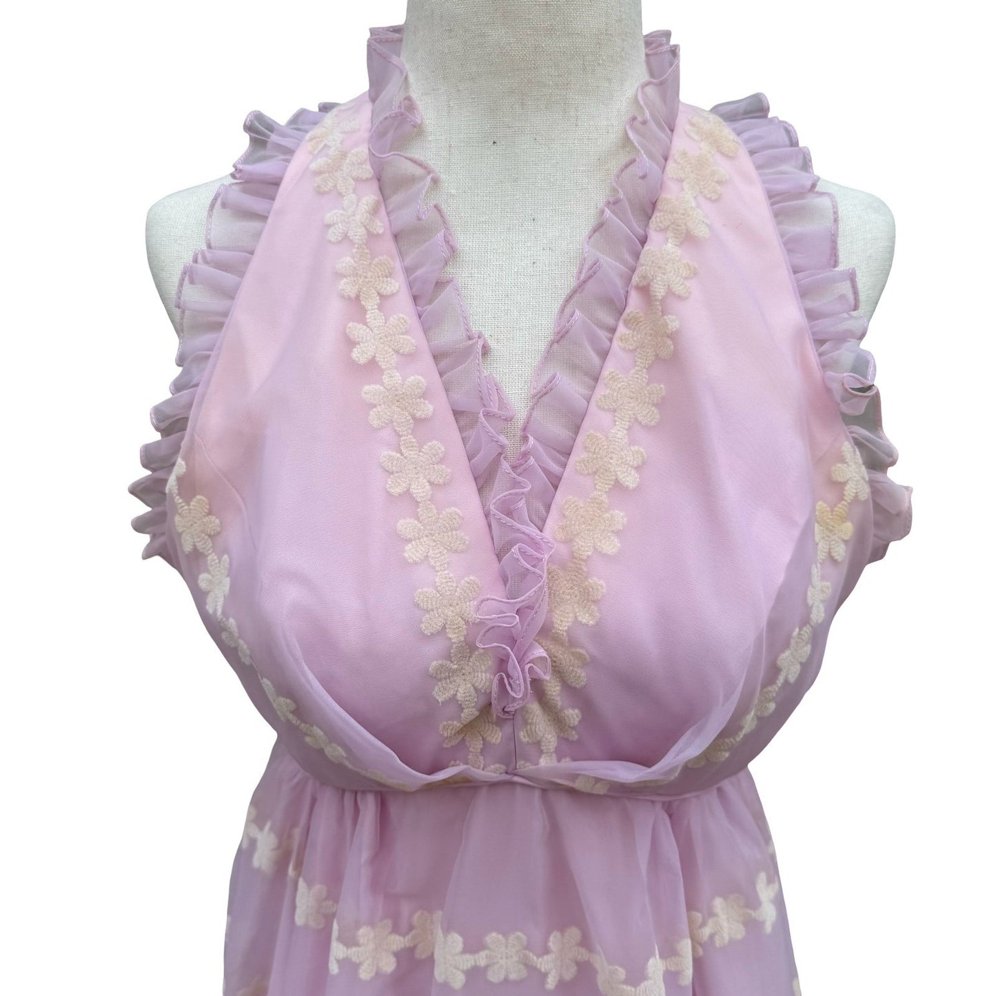 Emma Domb Vintage 70s Pink Chiffon Floral Embroidered Ruffle Halter Maxi Dress