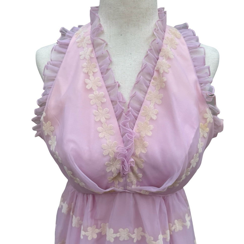 Emma Domb Vintage 70s Pink Chiffon Floral Embroidered Ruffle Halter Maxi Dress