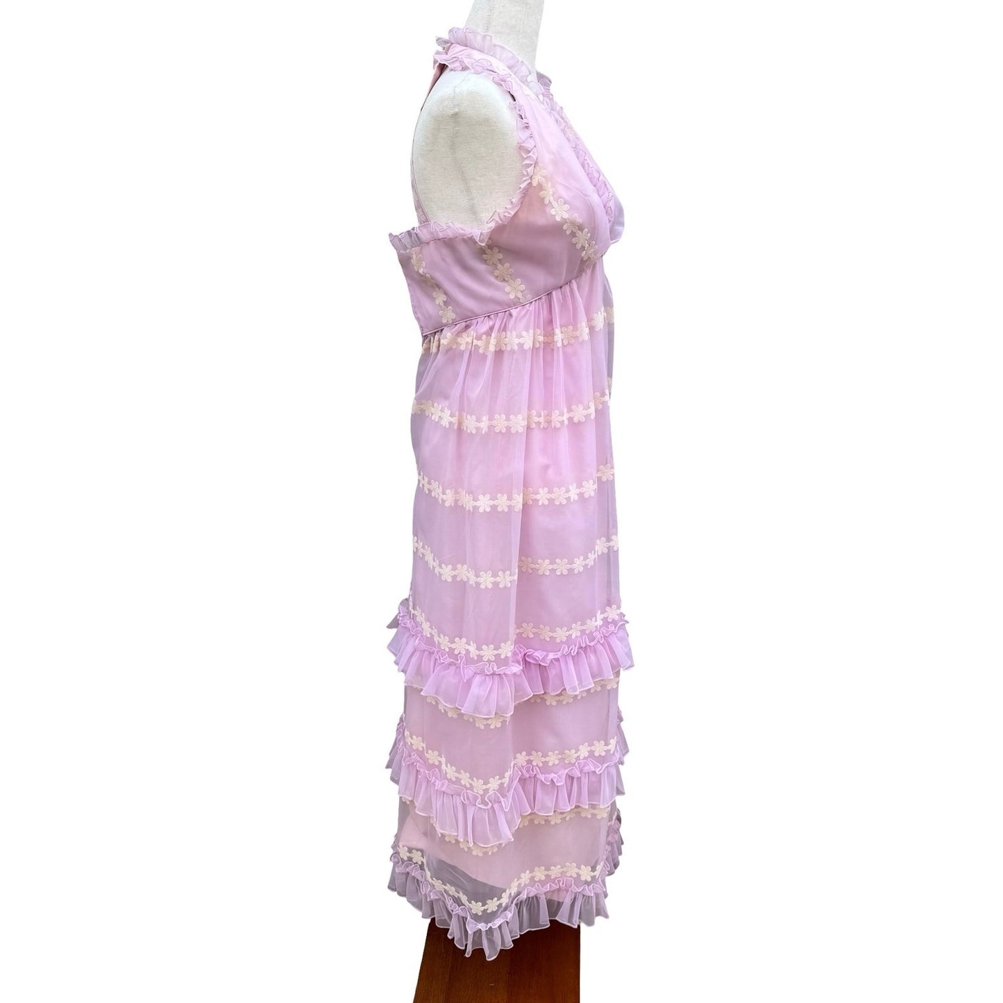 Emma Domb Vintage 70s Pink Chiffon Floral Embroidered Ruffle Halter Maxi Dress