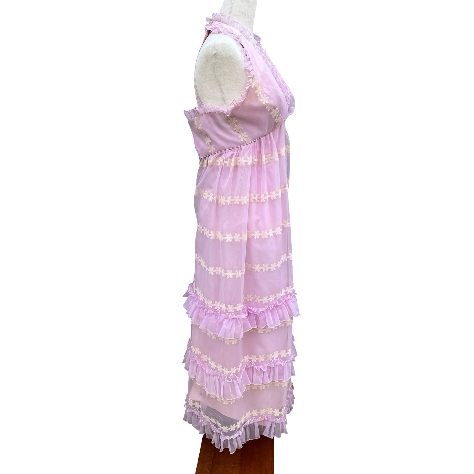 Emma Domb Vintage 70s Pink Chiffon Floral Embroidered Ruffle Halter Maxi Dress
