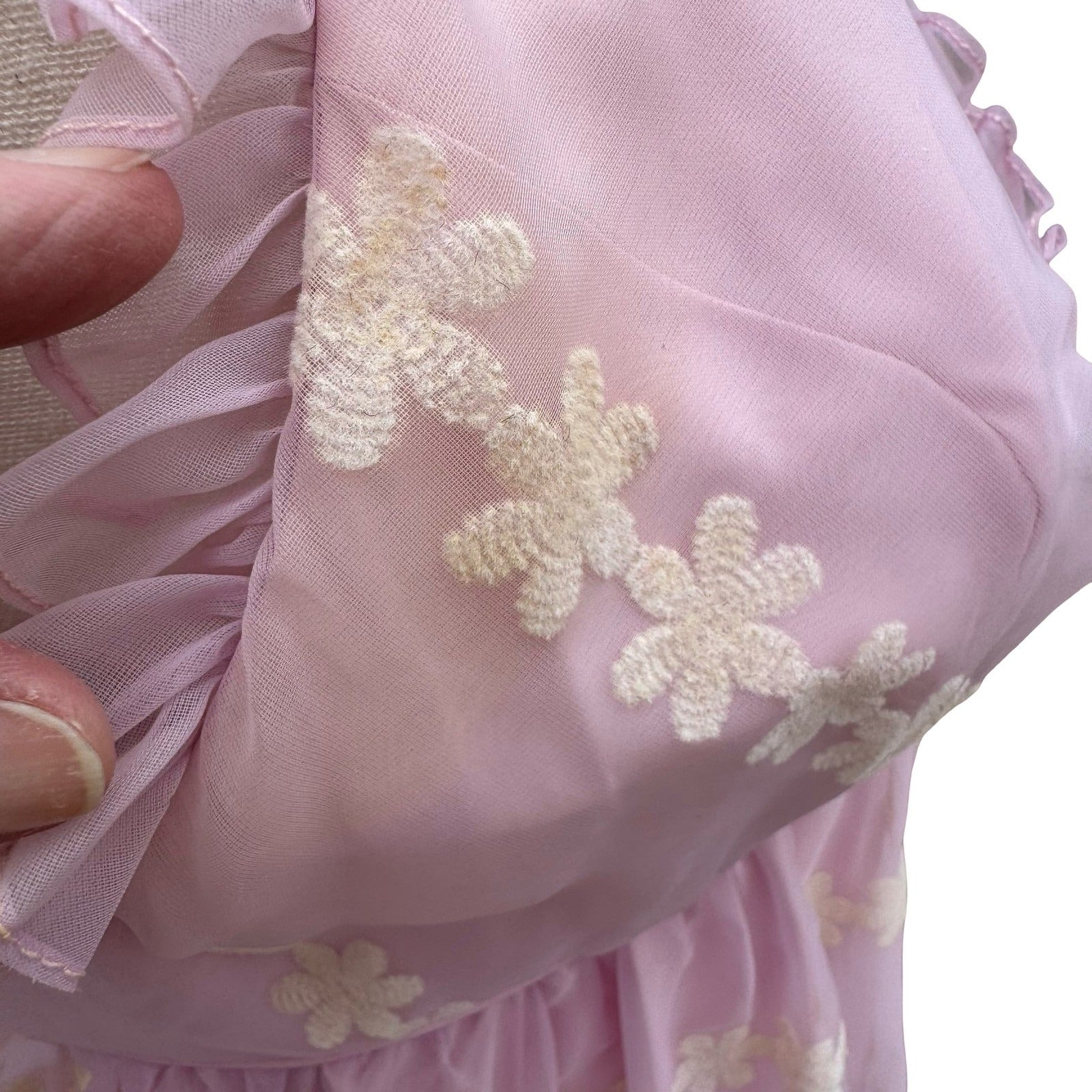 Emma Domb Vintage 70s Pink Chiffon Floral Embroidered Ruffle Halter Maxi Dress