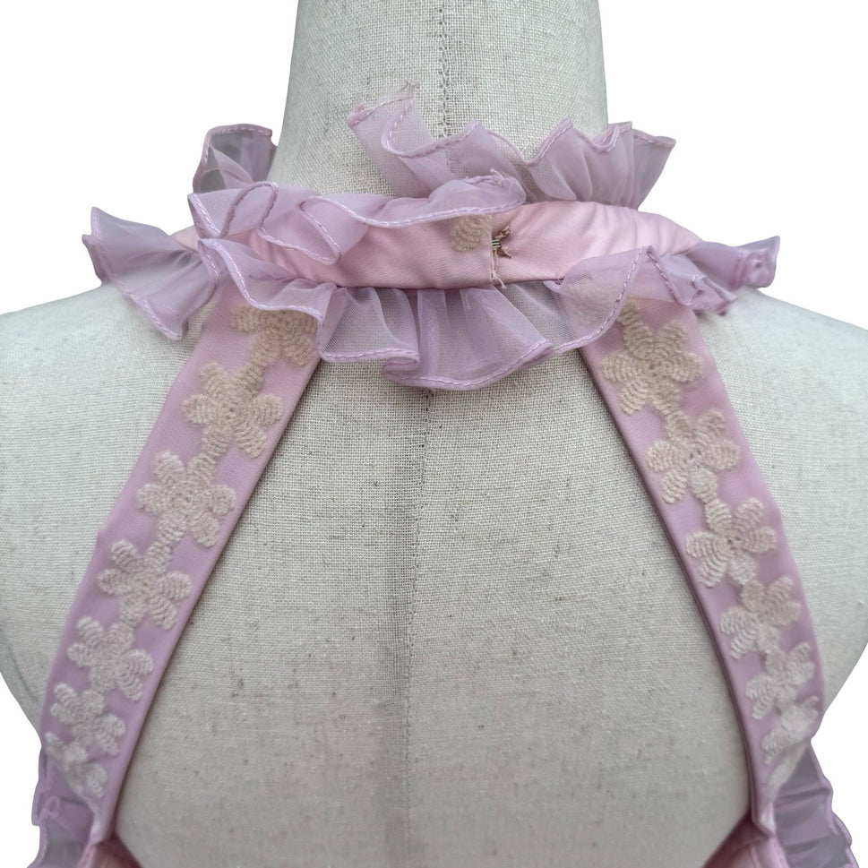 Emma Domb Vintage 70s Pink Chiffon Floral Embroidered Ruffle Halter Maxi Dress