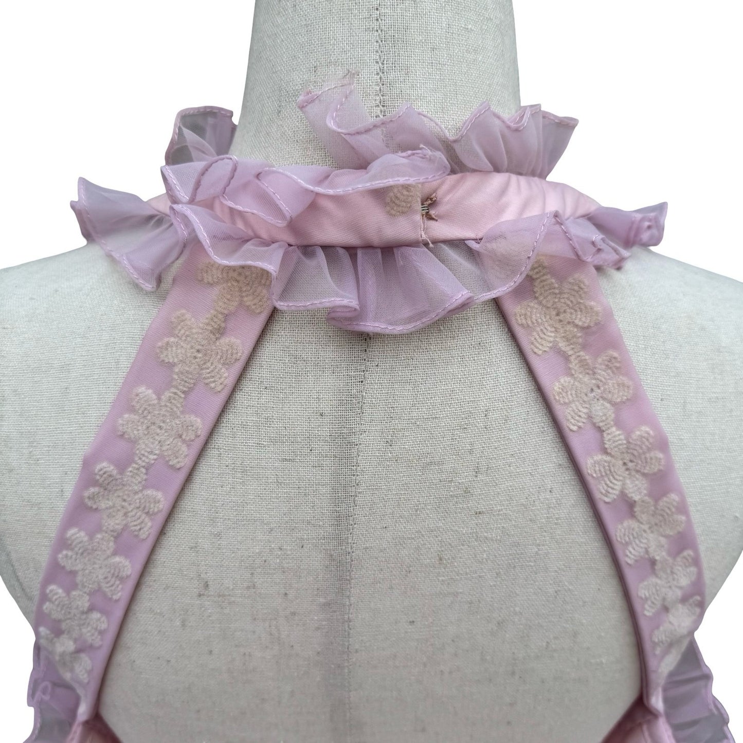 Emma Domb Vintage 70s Pink Chiffon Floral Embroidered Ruffle Halter Maxi Dress