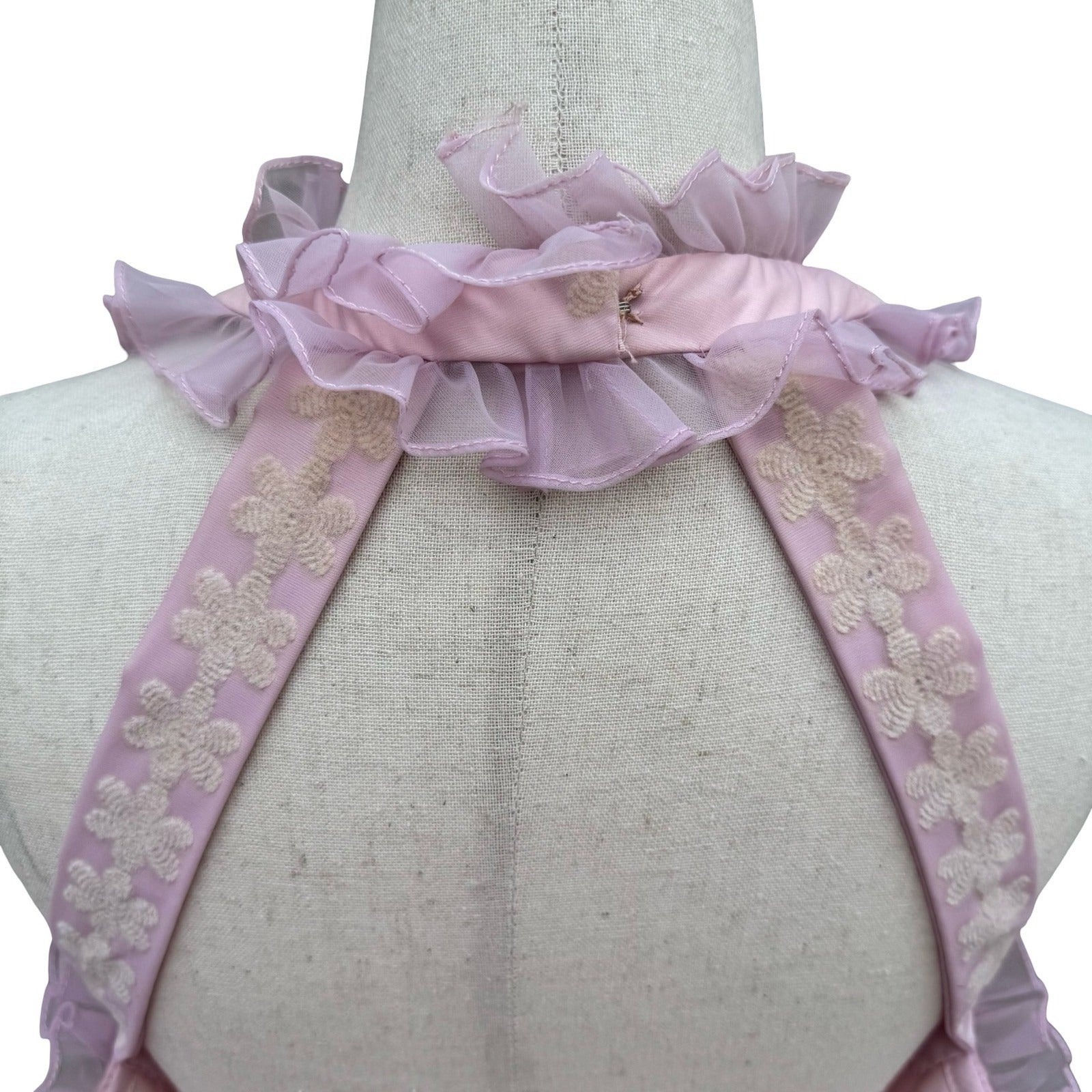 Emma Domb Vintage 70s Pink Chiffon Floral Embroidered Ruffle Halter Maxi Dress