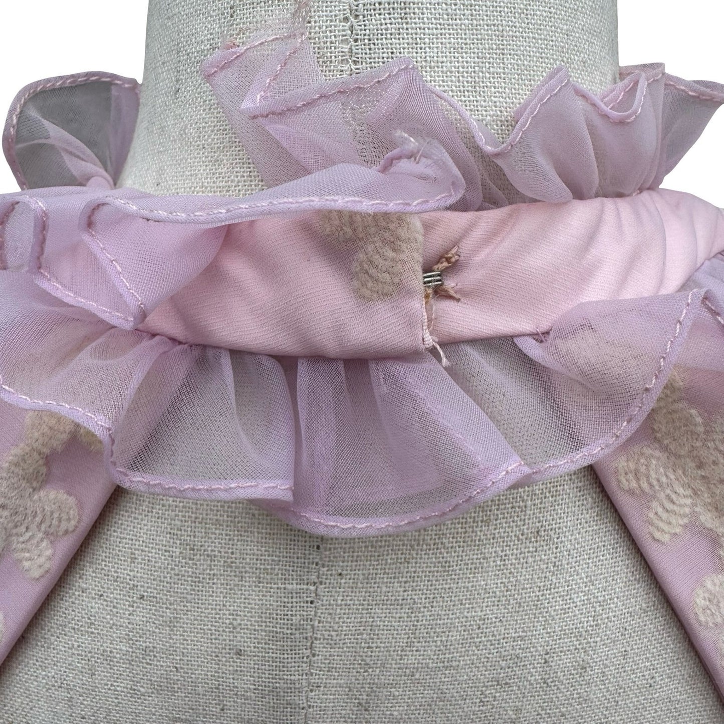 Emma Domb Vintage 70s Pink Chiffon Floral Embroidered Ruffle Halter Maxi Dress