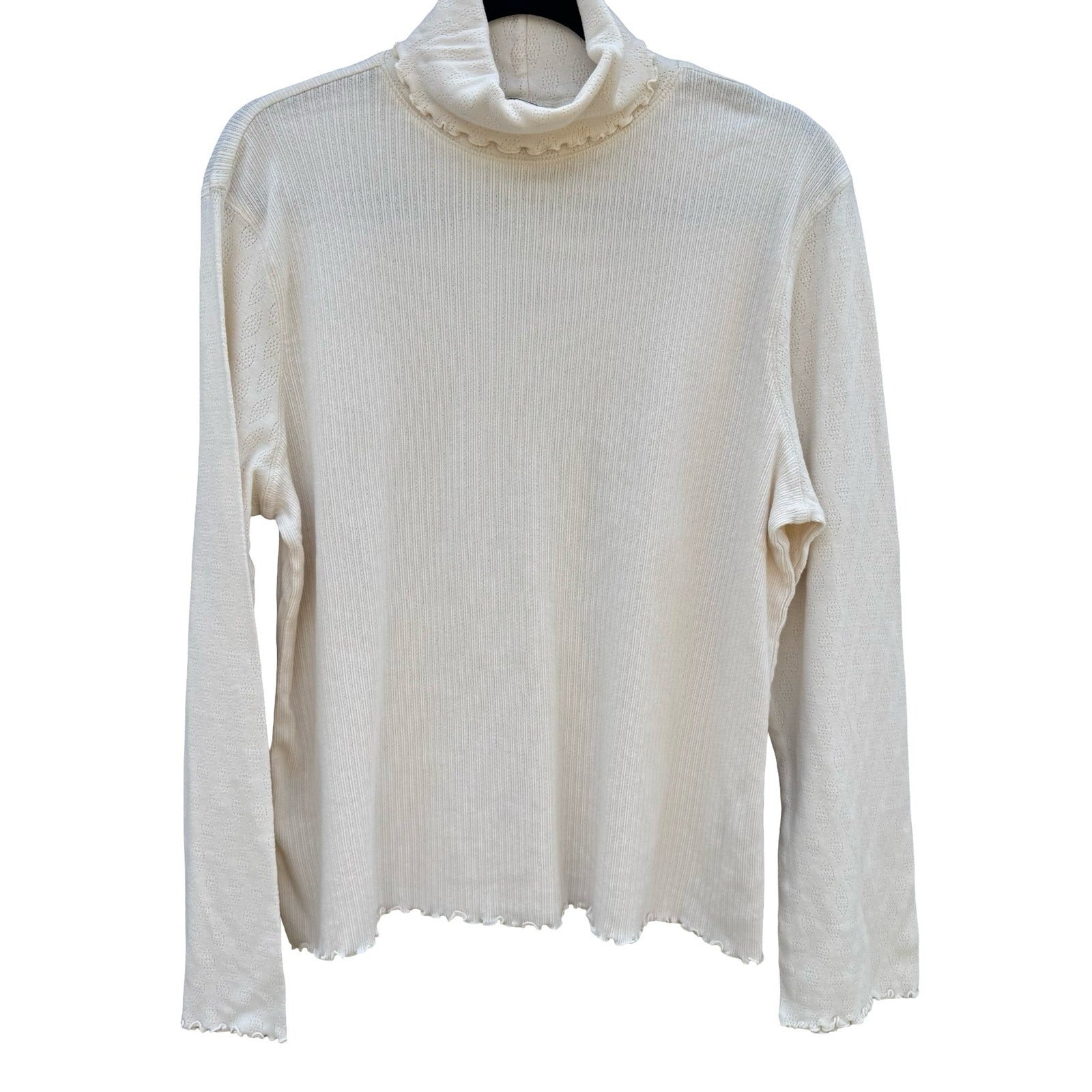 J.Jill Cream Cotton Pointelle Ribbed Turtleneck Lettuce Trim Top XL Womens