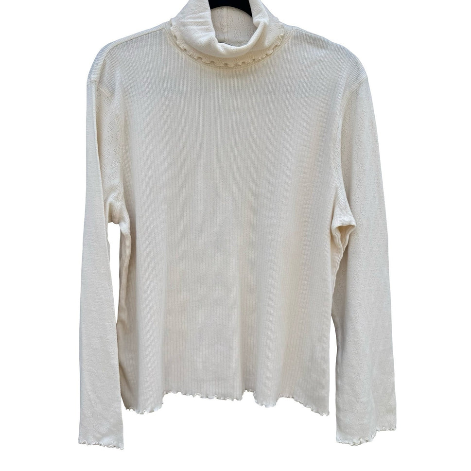 J.Jill Cream Cotton Pointelle Ribbed Turtleneck Lettuce Trim Top XL Womens