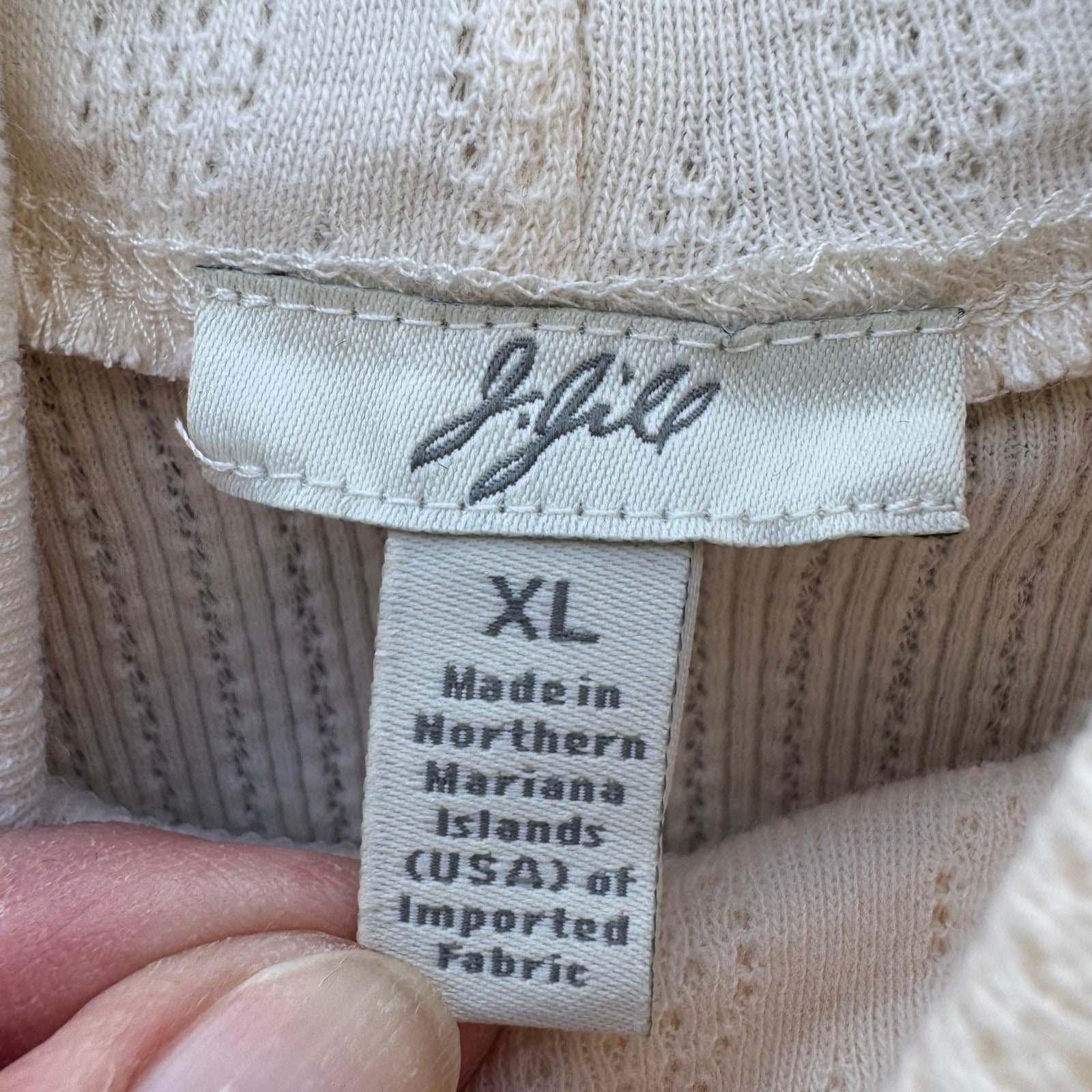 J.Jill Cream Cotton Pointelle Ribbed Turtleneck Lettuce Trim Top XL Womens