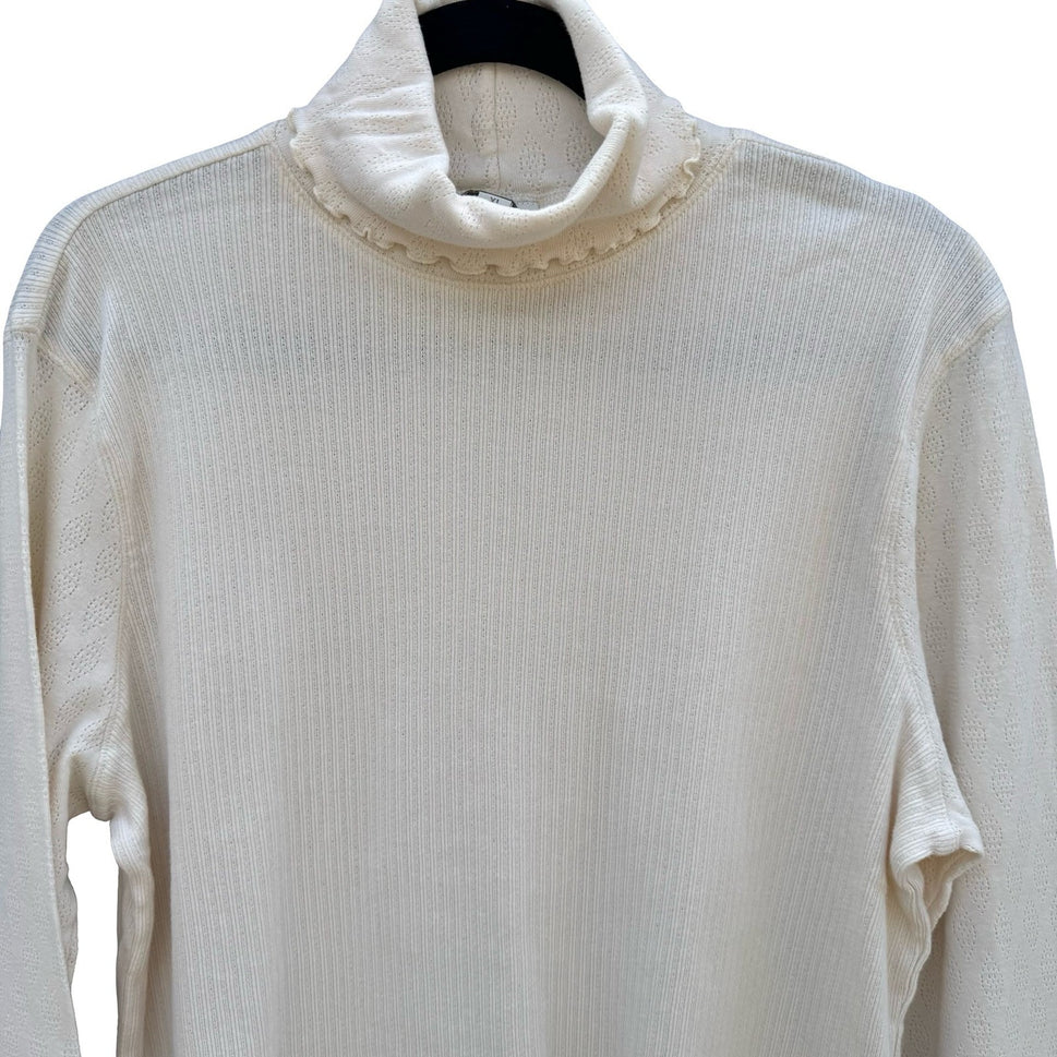 J.Jill Cream Cotton Pointelle Ribbed Turtleneck Lettuce Trim Top XL Womens