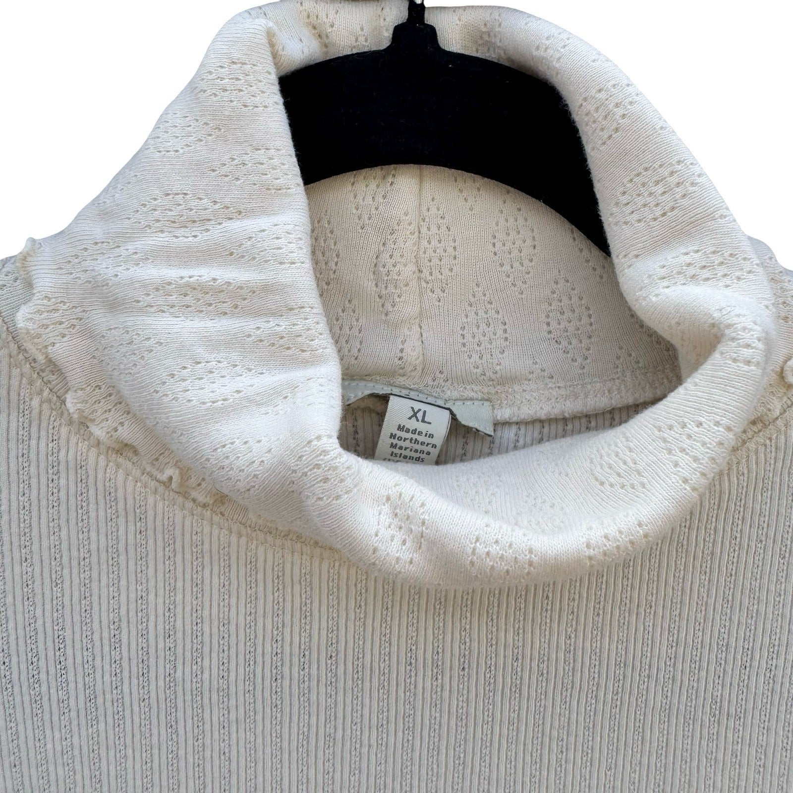 J.Jill Cream Cotton Pointelle Ribbed Turtleneck Lettuce Trim Top XL Womens