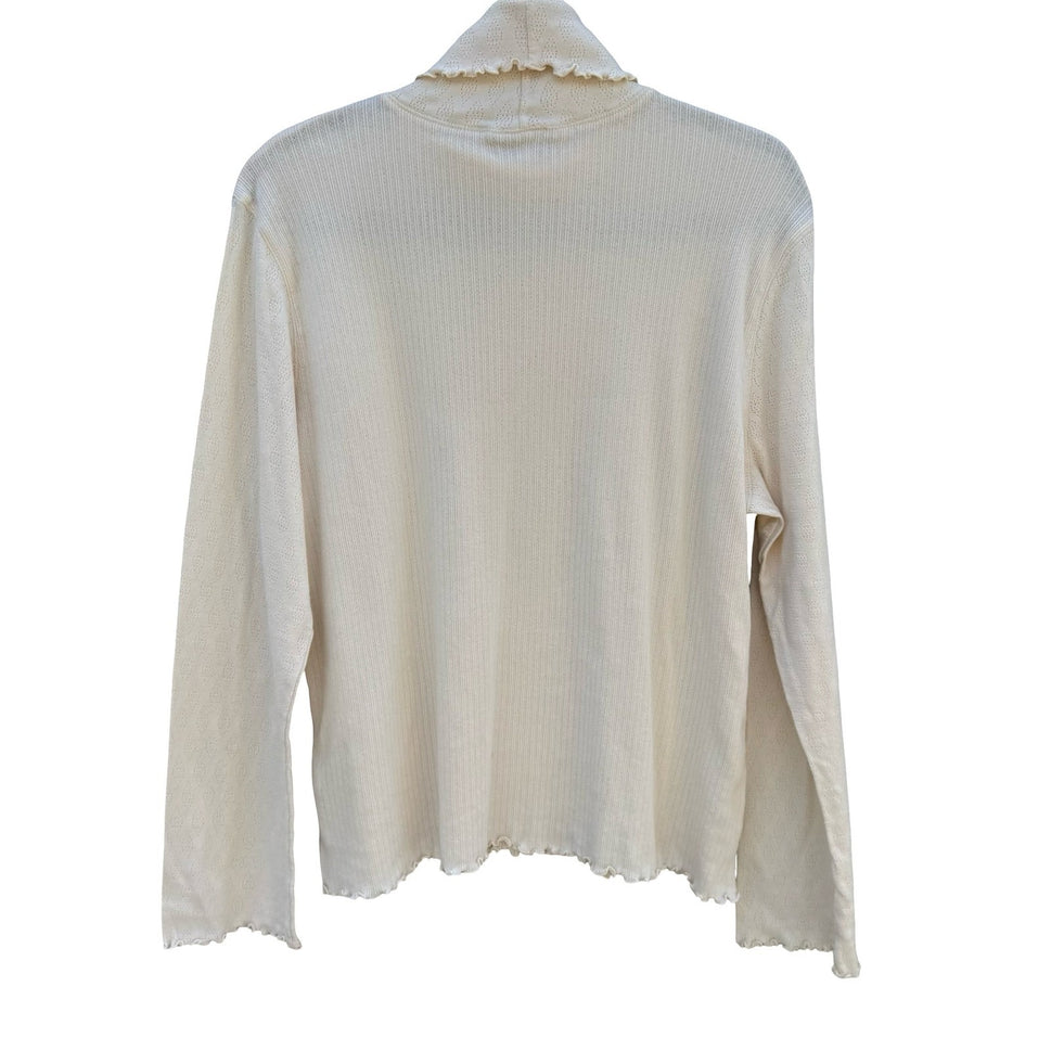 J.Jill Cream Cotton Pointelle Ribbed Turtleneck Lettuce Trim Top XL Womens