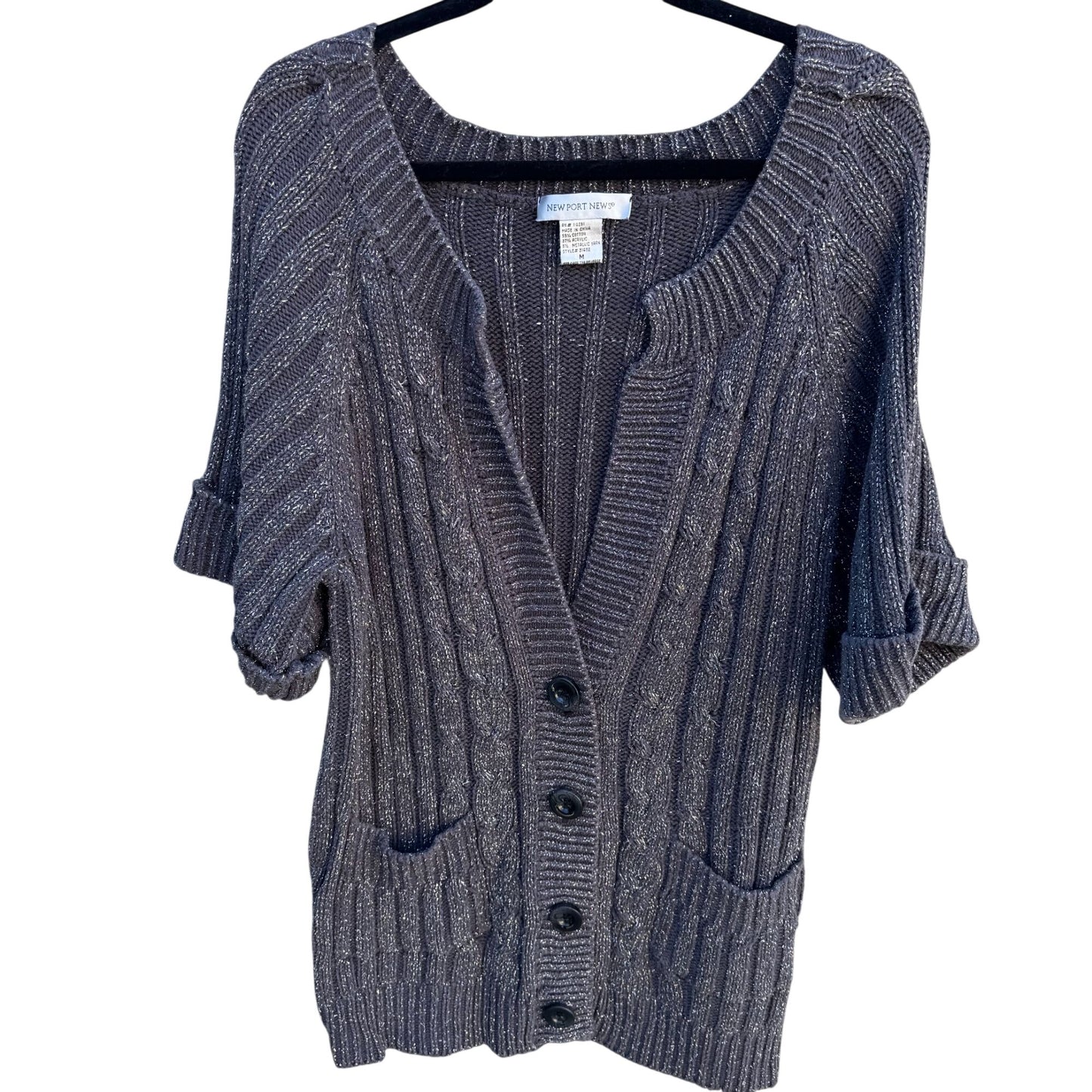Newport News Vintage Metallic Yarn Chunky Cable Knit Cardigan Sweater M Gray