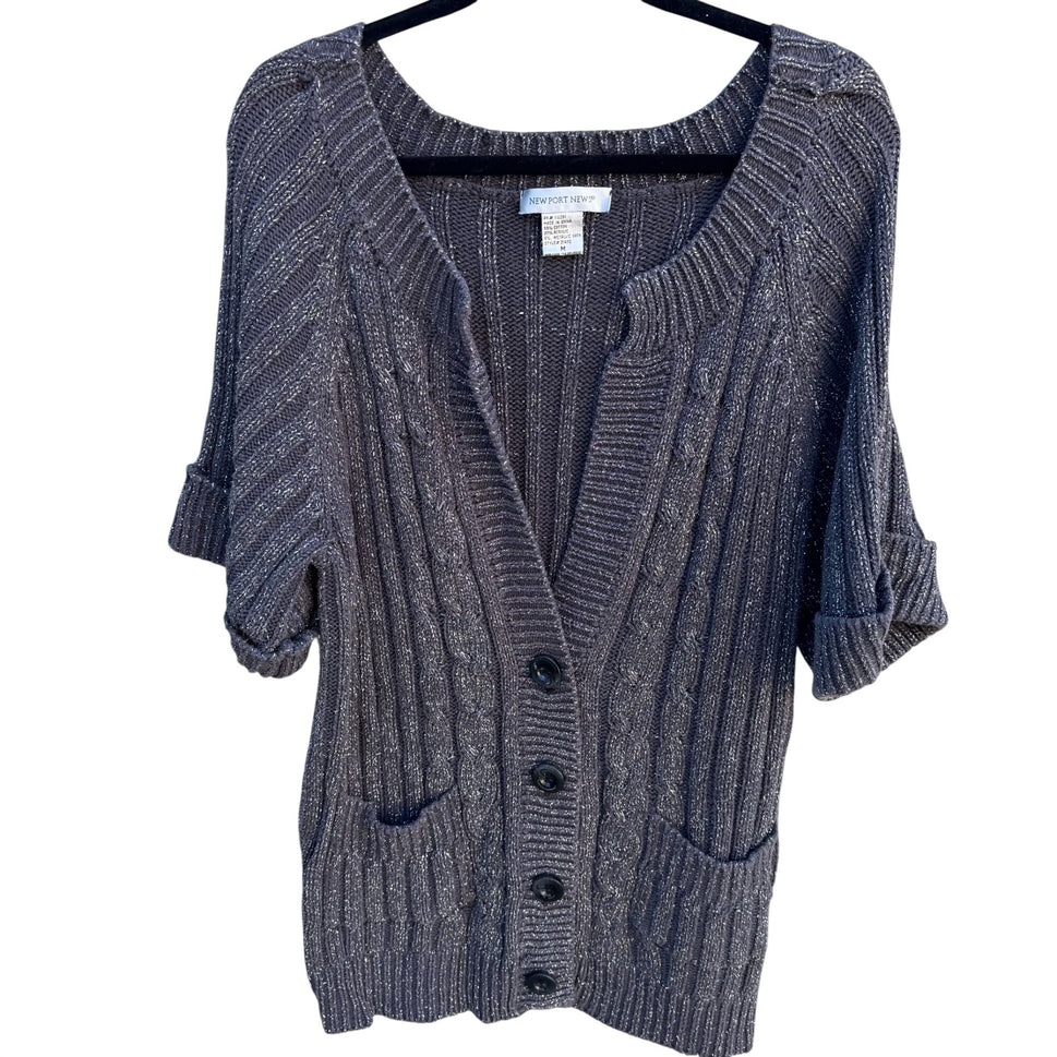 Newport News Vintage Metallic Yarn Chunky Cable Knit Cardigan Sweater M Gray