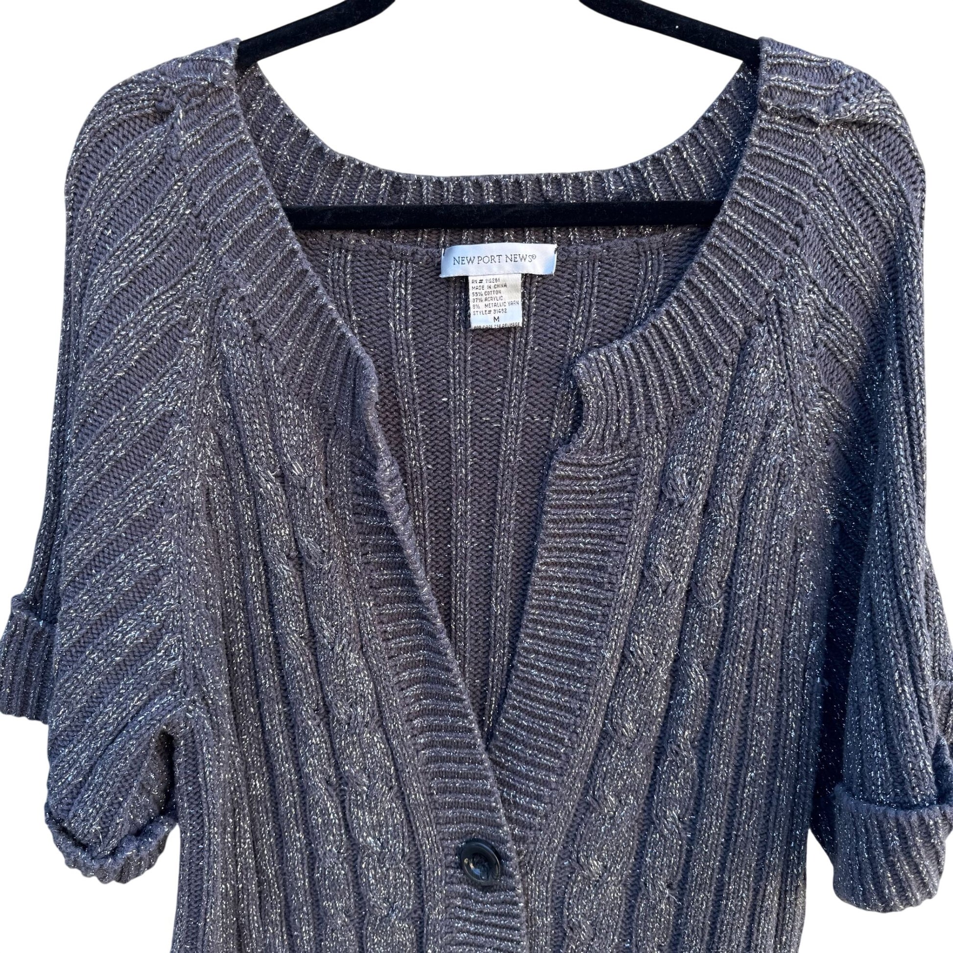 Newport News Vintage Metallic Yarn Chunky Cable Knit Cardigan Sweater M Gray