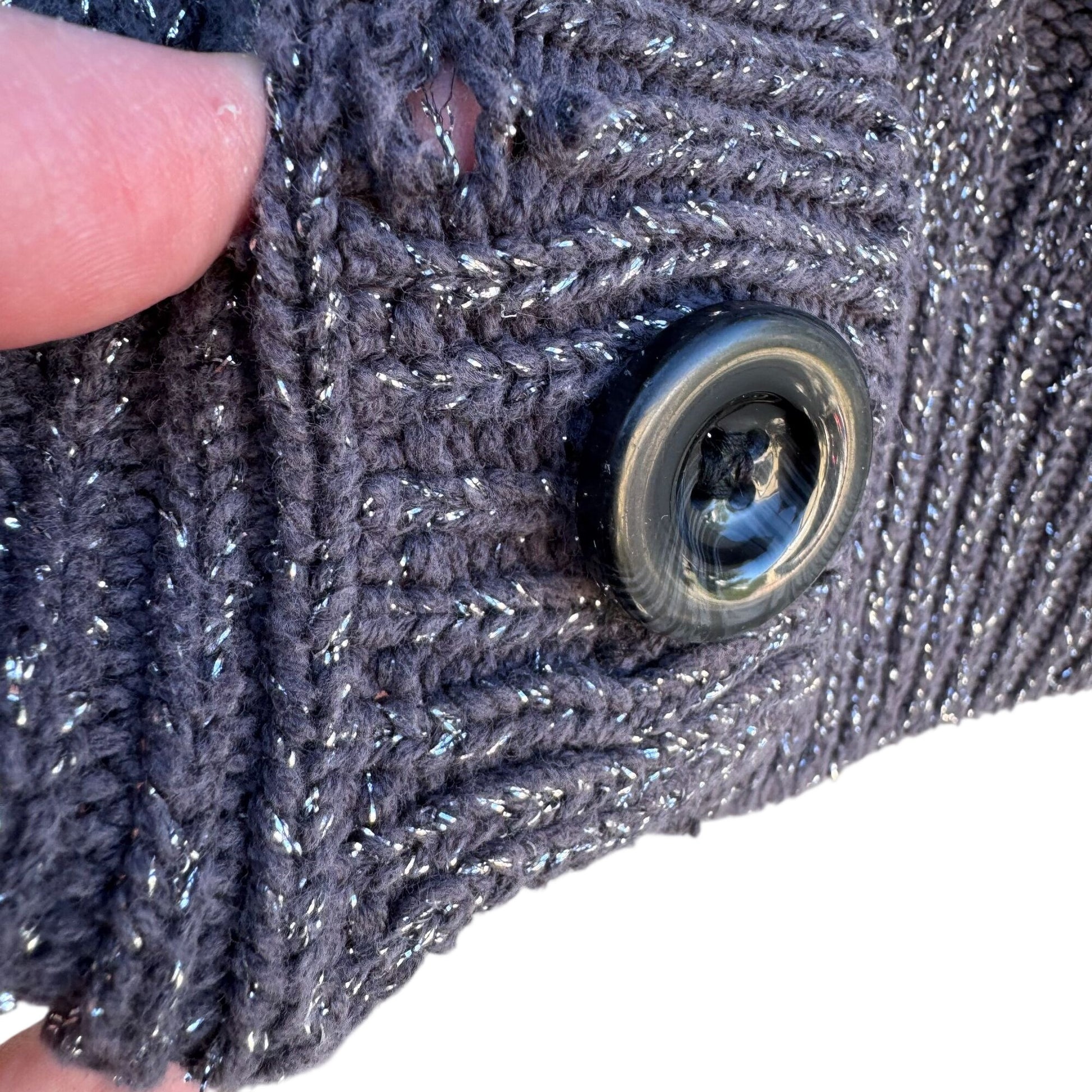 Newport News Vintage Metallic Yarn Chunky Cable Knit Cardigan Sweater M Gray