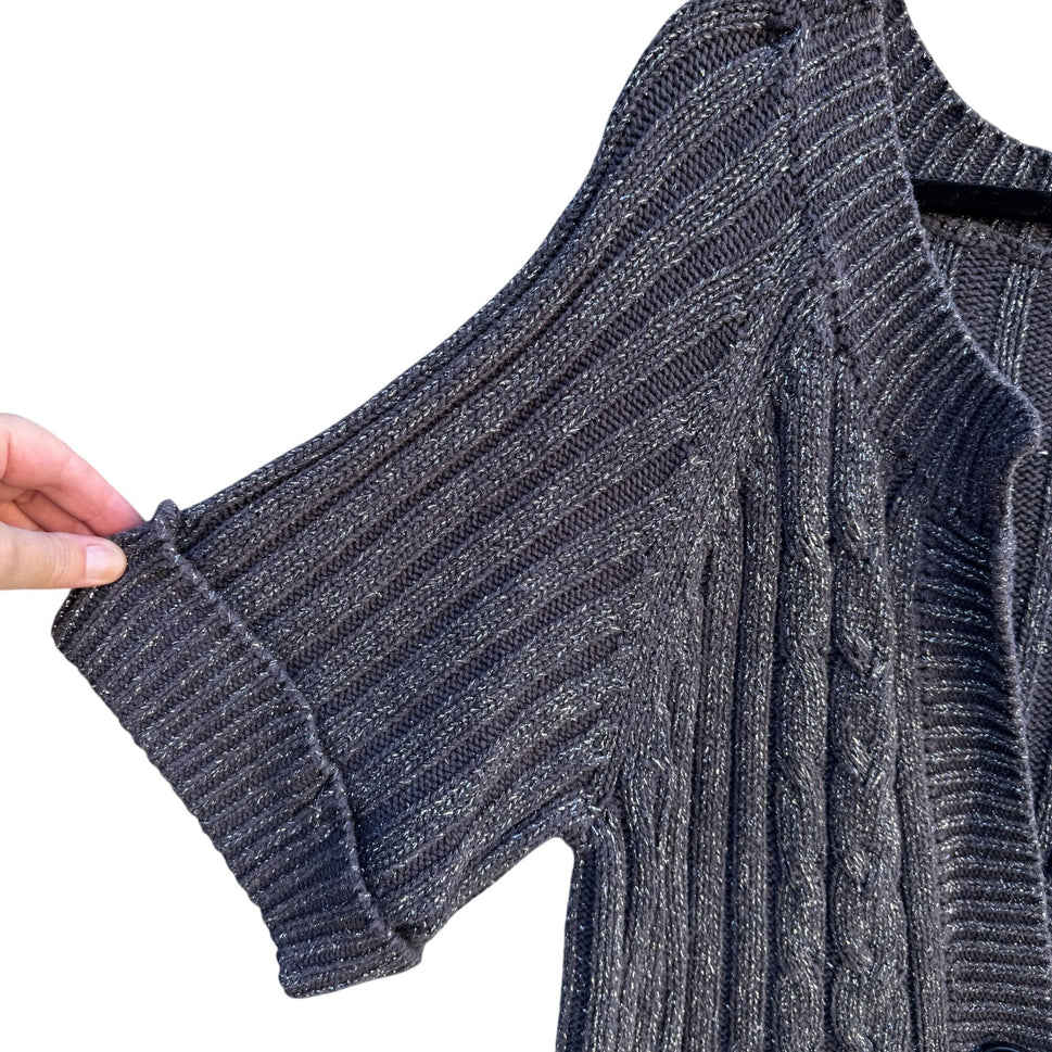 Newport News Vintage Metallic Yarn Chunky Cable Knit Cardigan Sweater M Gray
