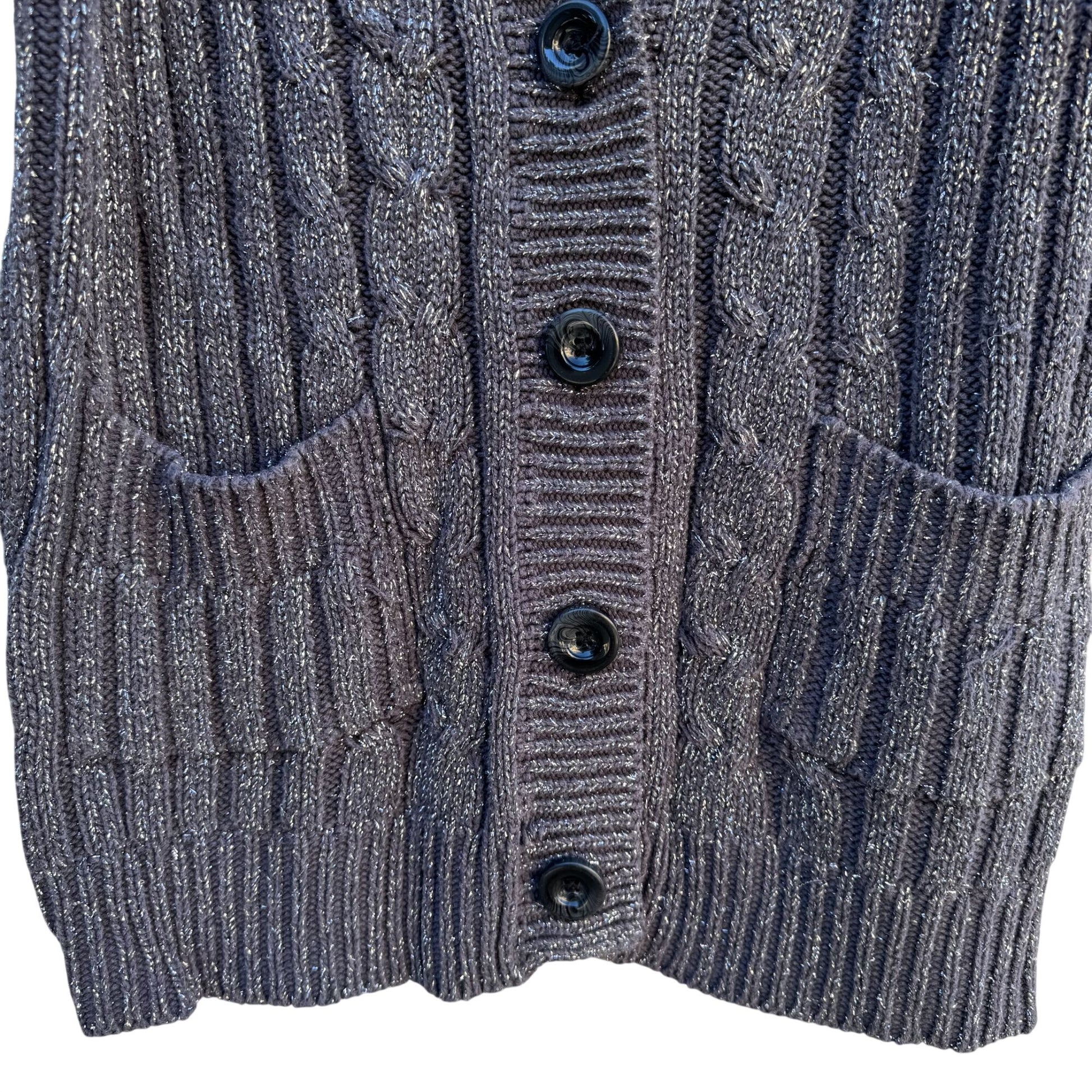Newport News Vintage Metallic Yarn Chunky Cable Knit Cardigan Sweater M Gray