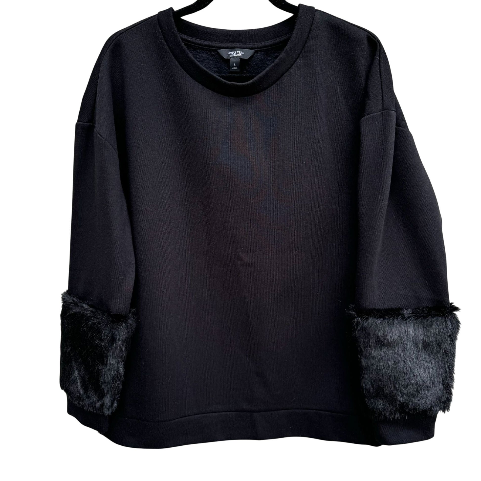 Simply Vera Vera Wang Black Womens Faux Fur Cuffs Long Sleeve Sweatshirt Large