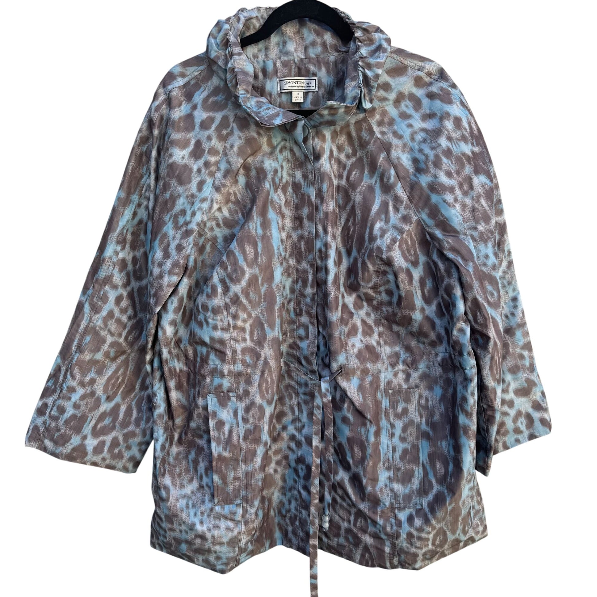 Simonton Says Leopard Print Watercolor Drawstring Waist Windbreaker Jacket 1X